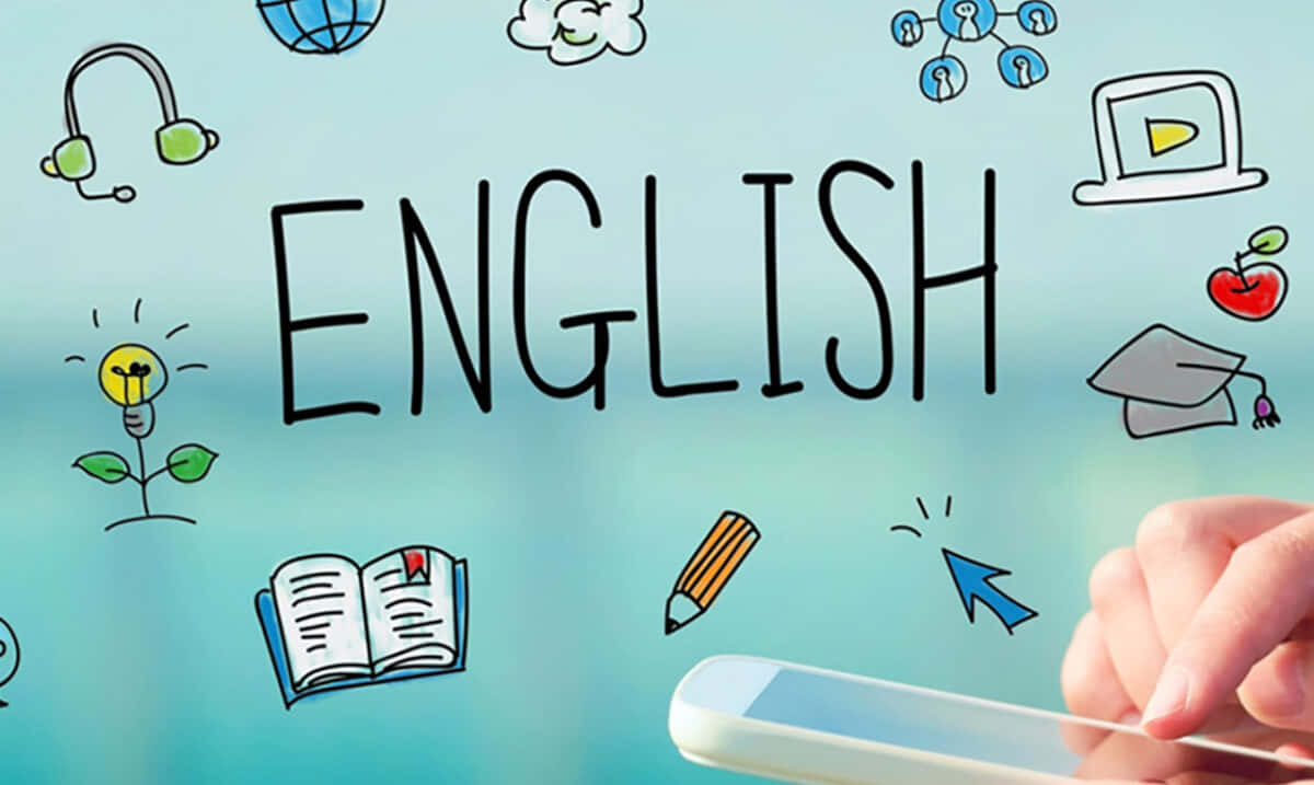 Learning 桌布 壁紙 — 一隻手拿著平板電腦，上面以粗體寫著「ENGLISH」，周圍環繞著色彩繽紛的教育塗鴉，例如書本、耳機和畢業帽。