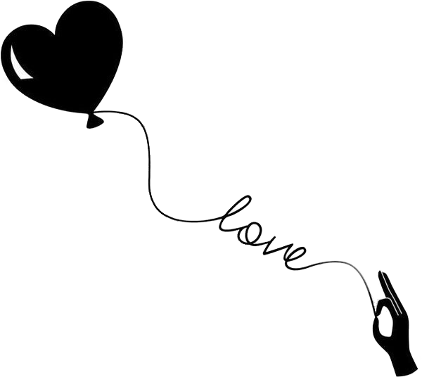 Love Black And White 桌布 壁紙 — 一隻手拿著心形氣球的極簡線條畫，氣球繩上寫著love一詞。