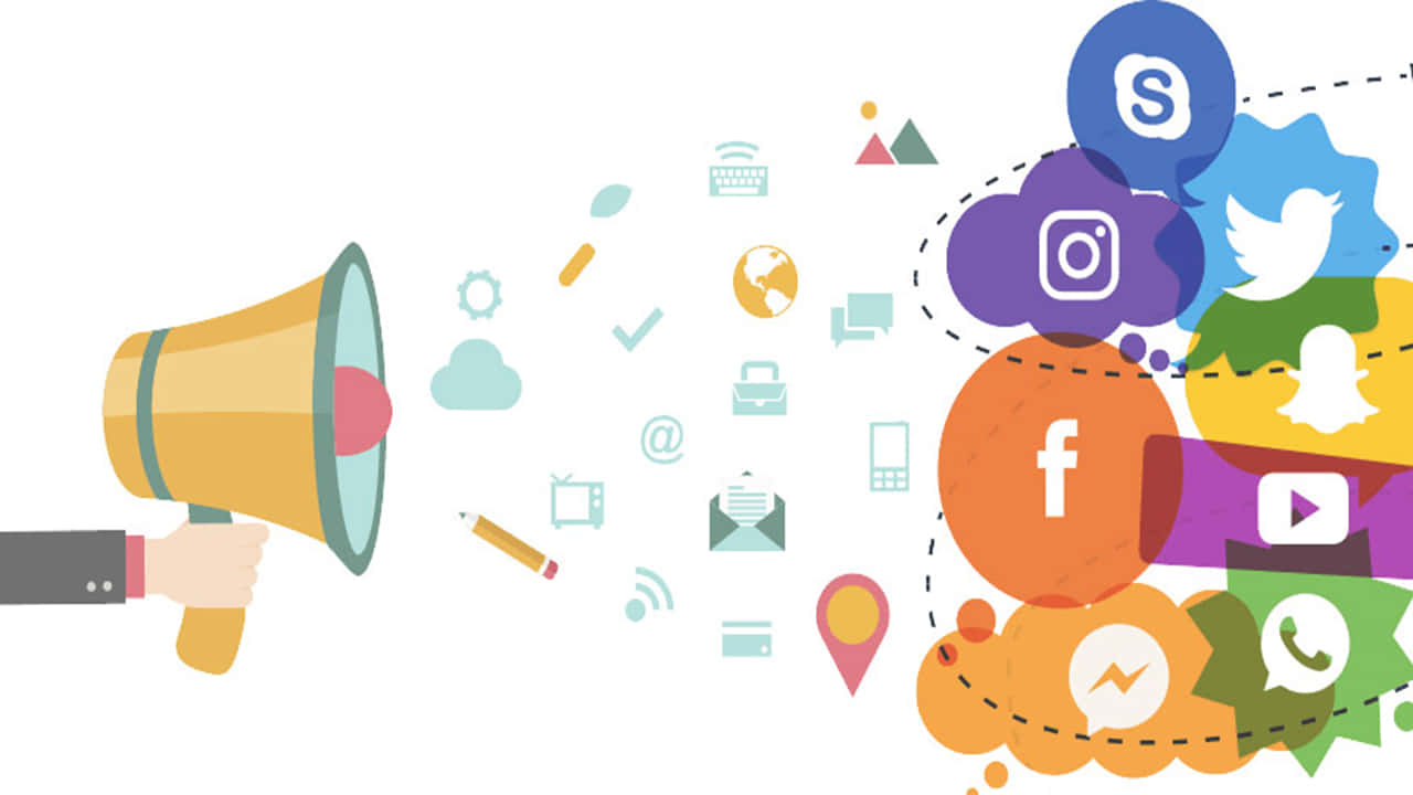 Social Media Logos 桌布 壁紙 — 一隻手拿著擴音器，將色彩繽紛的社交媒體圖示和數位符號噴向平台雲端。