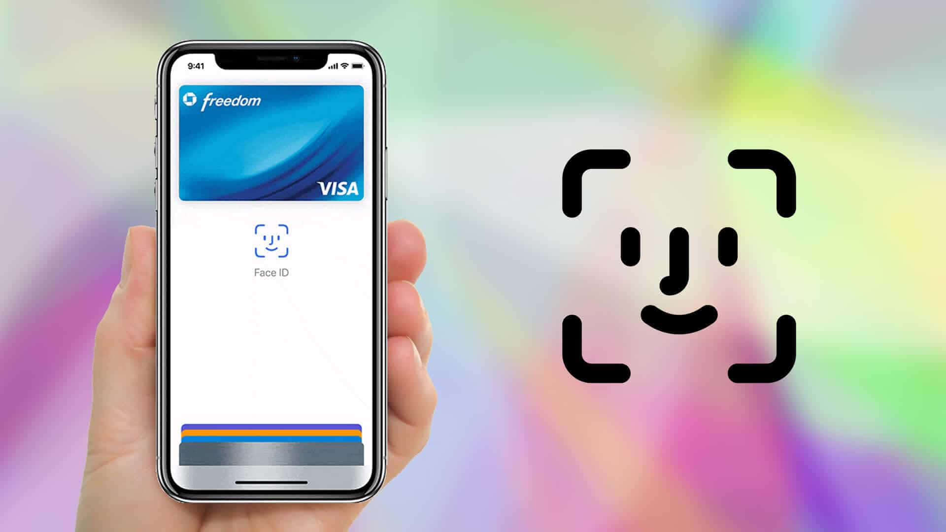 iPhone 桌布 壁紙 — 一隻手拿著智慧型手機，在色彩繽紛的抽象背景前顯示Freedom Visa卡和Face ID介面。