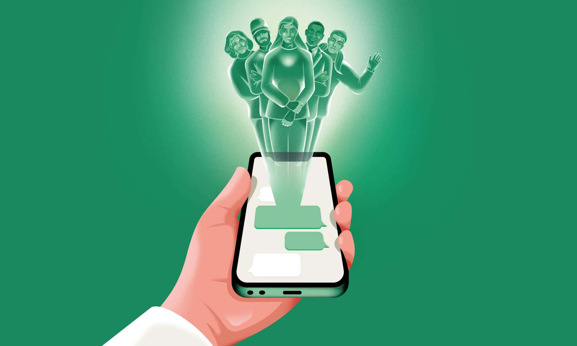 Group Chat 桌布 壁紙 — 一隻手拿著智慧型手機，從聊天介面發出發光的綠色全息人物，背景為純綠色。