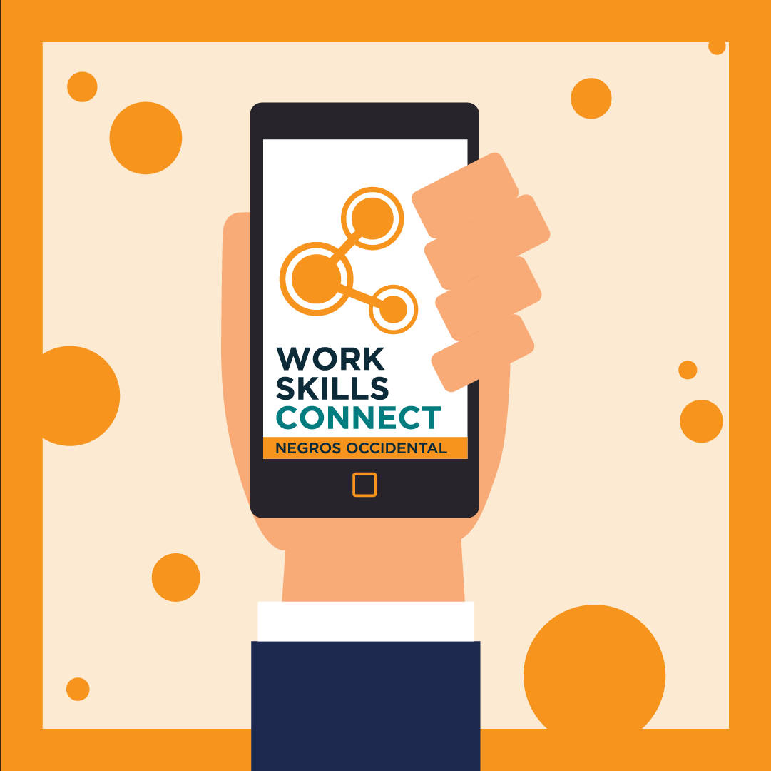 橘色 桌布 壁紙 — 一隻手拿著智慧型手機，顯示「Work Skills Connect Negros Occidental」，帶有橙色網路圖示，背景為橙色點狀。