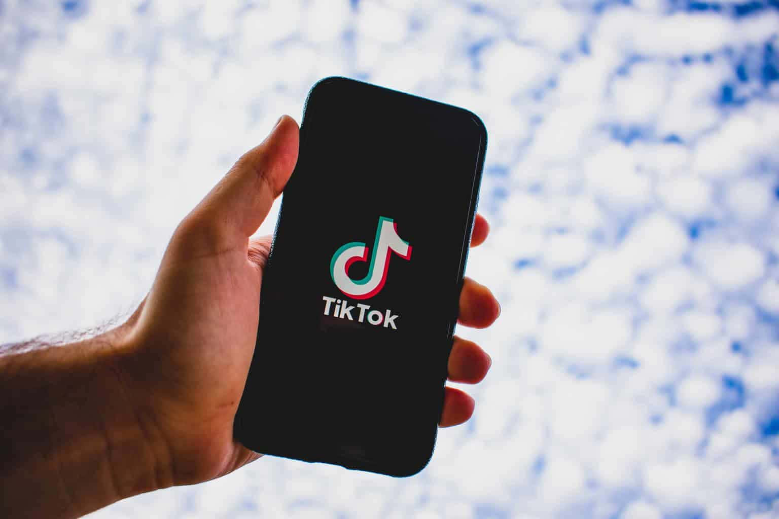 TikTok 動圖 桌布 壁紙 — 一隻手拿著智慧型手機，顯示TikTok標誌，背景是明亮的陰天天空。