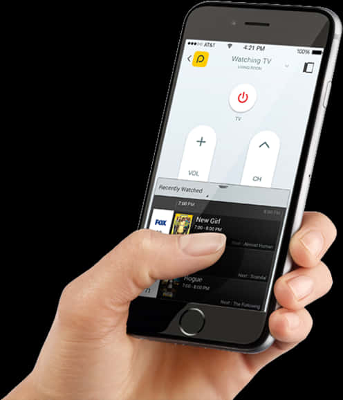 Smart Phone 桌布 壁紙 — 一隻手拿著智慧型手機，顯示一個帶有電源按鈕和最近觀看節目的電視遙控應用程式，背景為黑色。