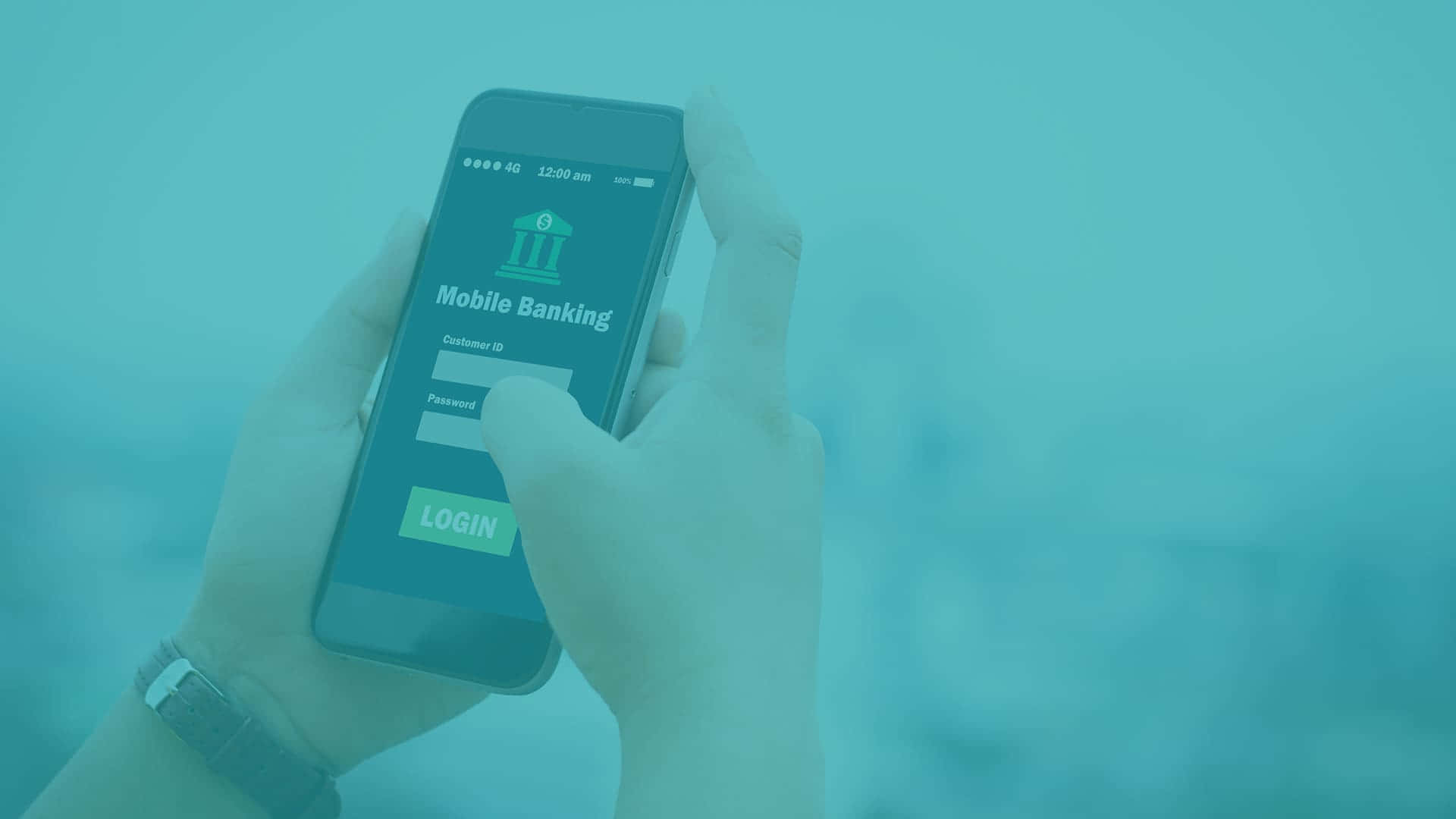 Mobile Banking 桌布 壁紙 — 一隻手拿著智慧型手機，顯示帶有青綠色覆蓋層的行動銀行登入畫面。
