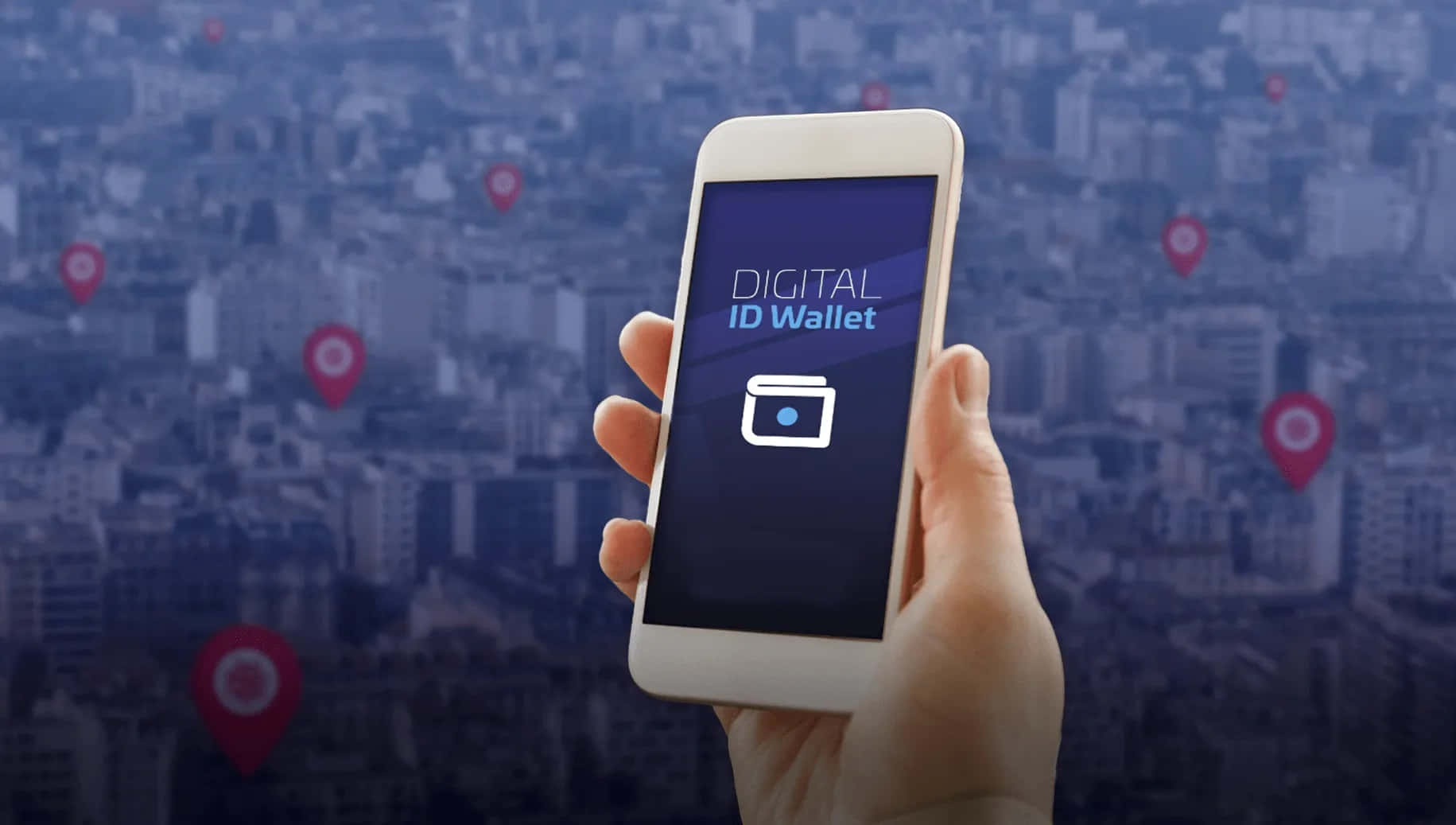 Mobile Banking 桌布 壁紙 — 一隻手拿著智慧型手機，顯示數位身分證錢包應用程式，背景是模糊的城市景觀和浮動的位置圖釘。