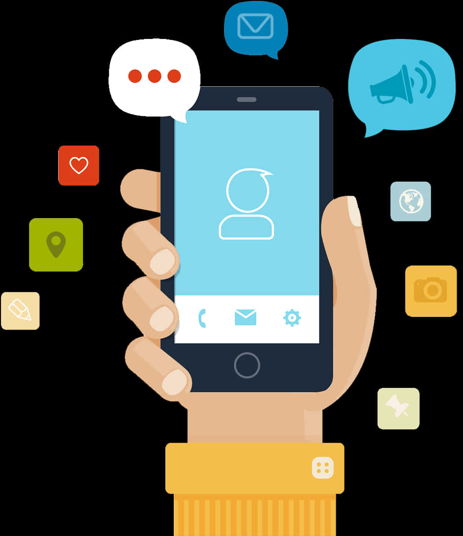 Mobile Phone 桌布 壁紙 — 一隻手拿著智慧型手機，顯示用戶資料，周圍有浮動的應用程式圖示和對話氣泡。