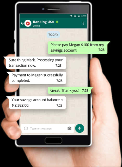 Phone Screen 桌布 壁紙 — 一隻手拿著智慧型手機，顯示銀行應用程式聊天，其中確認向Megan轉帳100美元，儲蓄餘額顯示為2382.00美元。