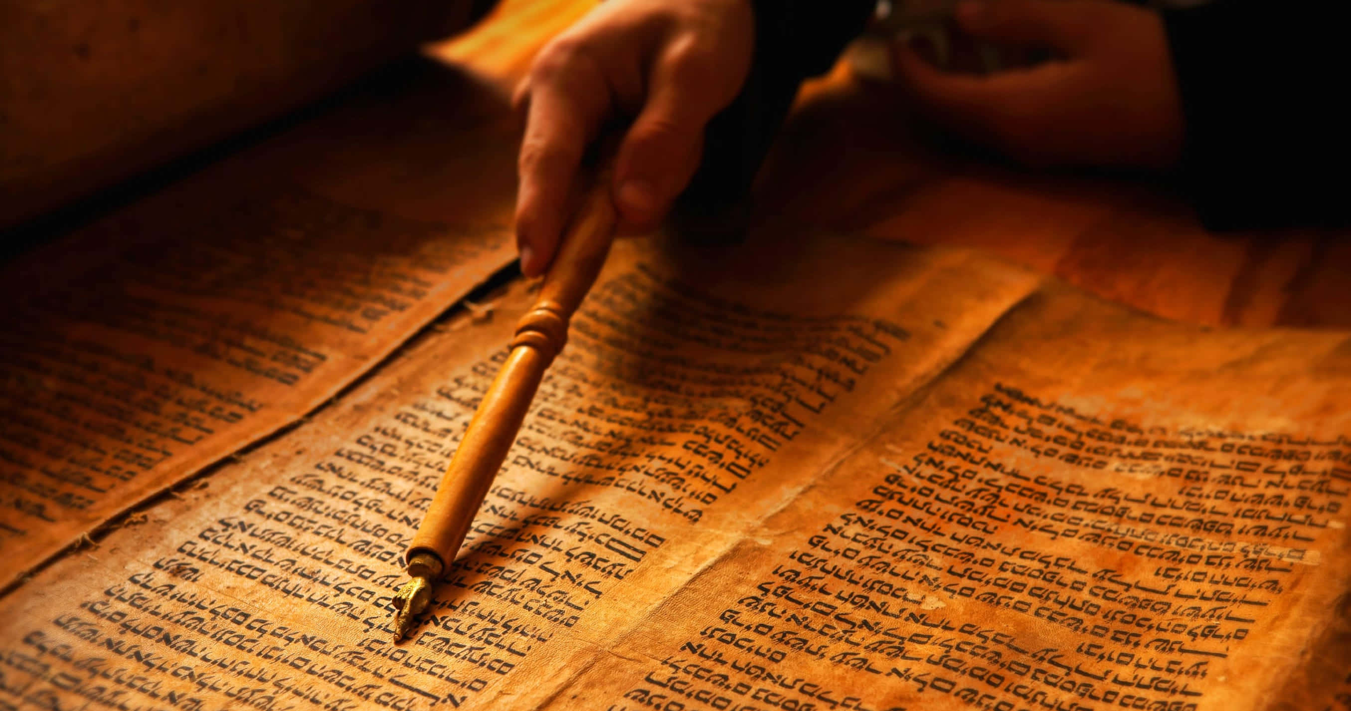 Scripture 桌布 壁紙 — 一隻手拿著木製羽毛筆，懸停在充滿密集草書的古代卷軸上方，沐浴在溫暖的金色光線中。