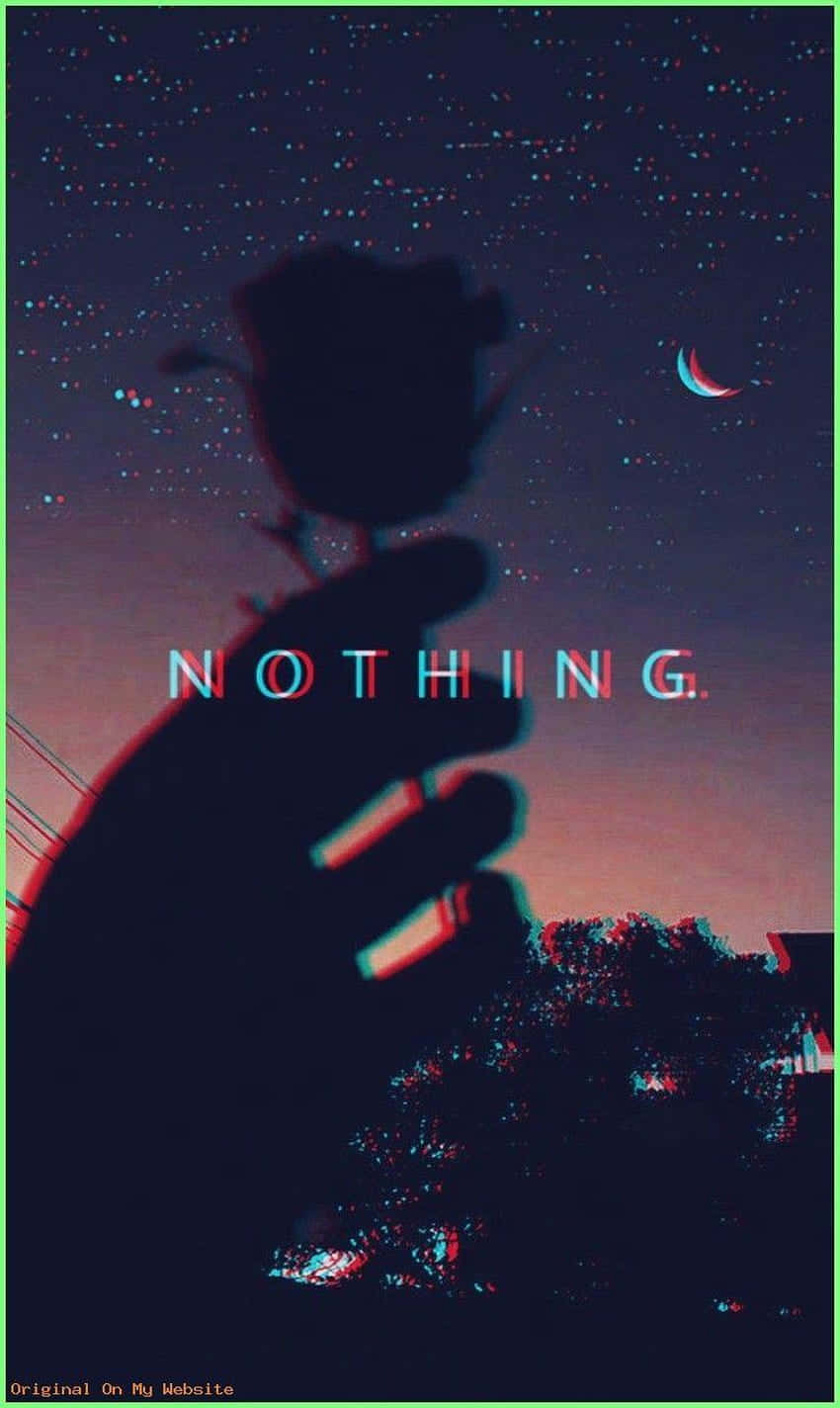 桌布 壁紙 — 一隻手拿著玫瑰，背景是繁星點點的暮色天空，有新月和故障文字寫著「沒有」。
