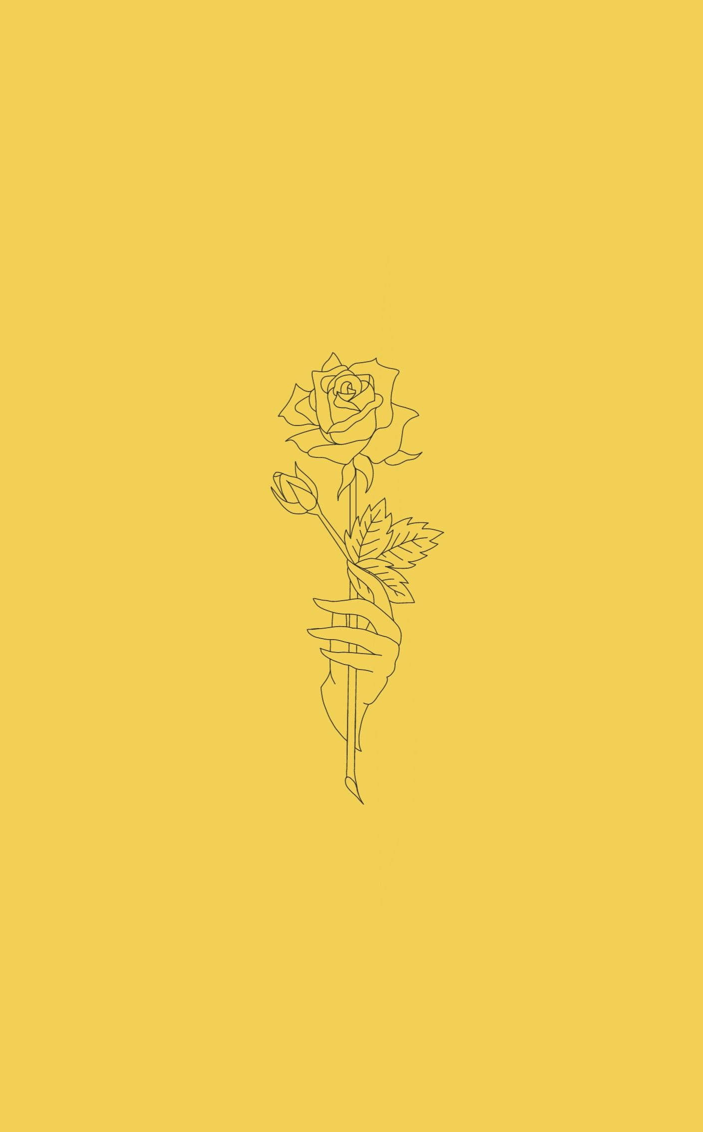 Yellow Rose 桌布 壁紙 — 一隻手拿著玫瑰的極簡線條畫，背景為純芥末黃色。