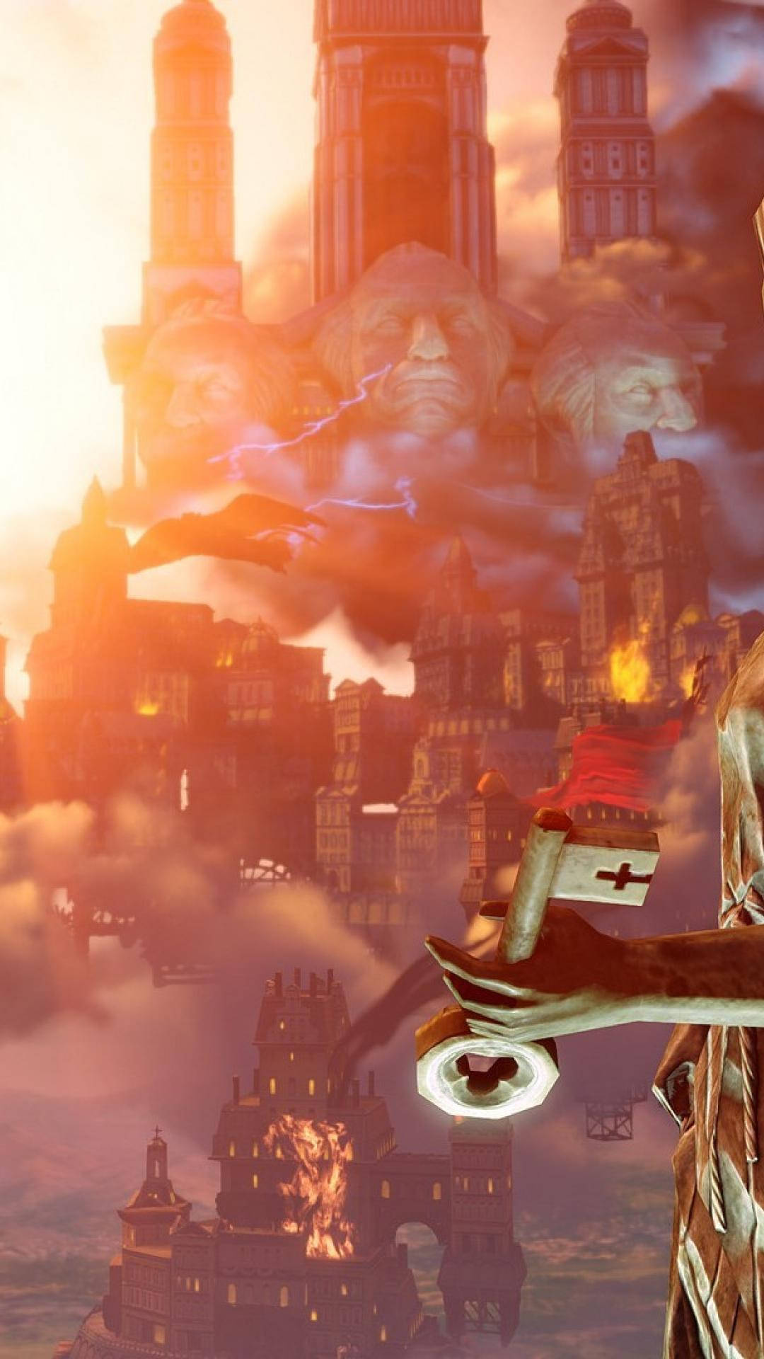 Bioshock Infinite iPhone 桌布 壁紙 — 一隻手拿著發光的鑰匙，背景是火紅的天空，燃燒的城市上空漂浮著哥德式塔樓和幽靈般的面孔。