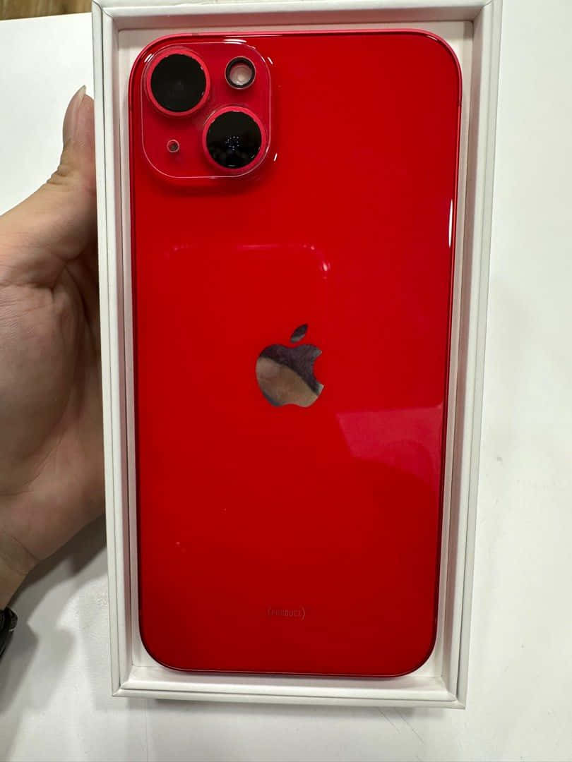 iPhone 桌布 壁紙 — 一隻手拿著白色盒子裡的鮮紅色 iPhone 13 mini，展示其光亮的背面和相機模組。