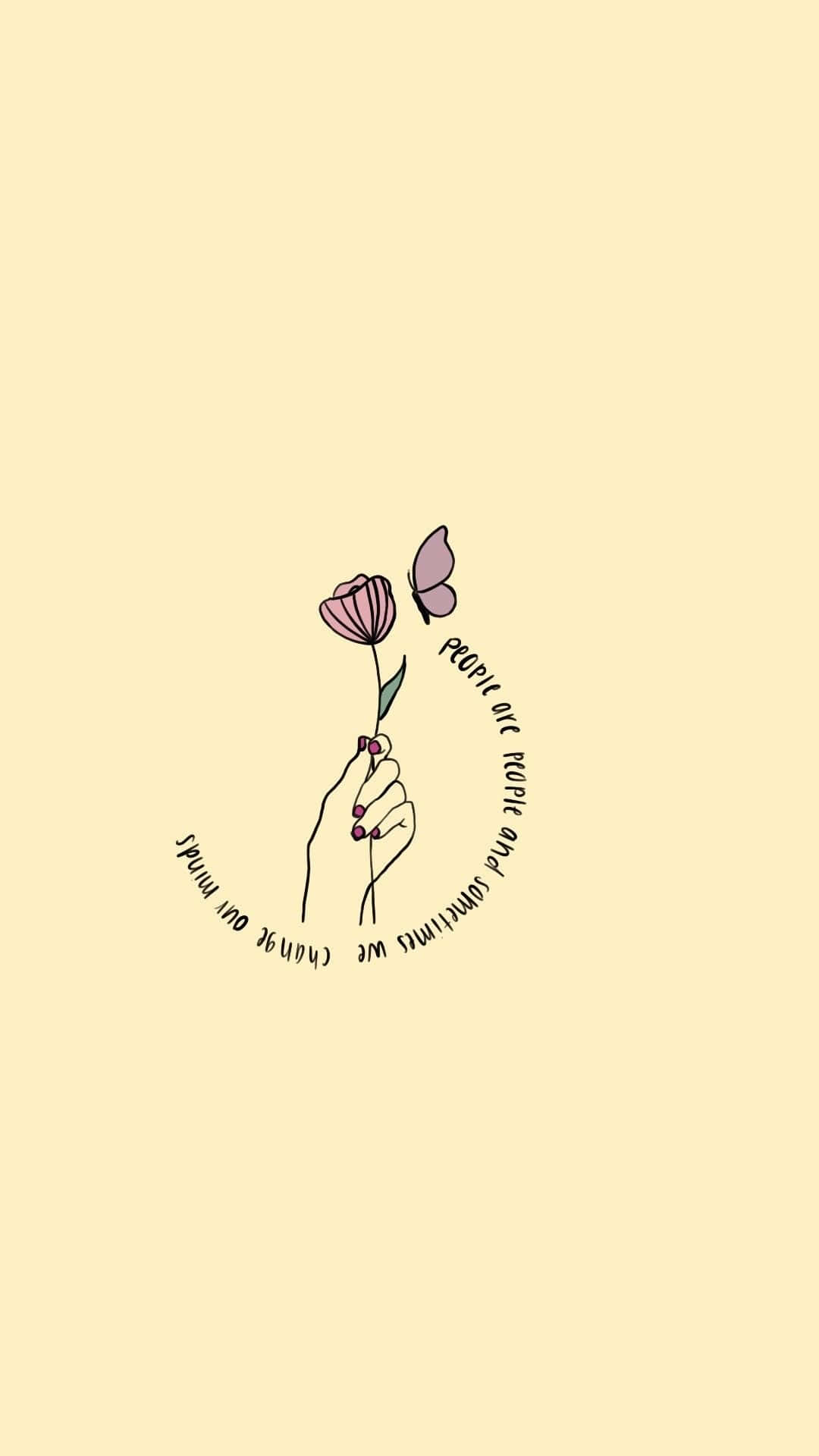 Taylor Swift Lyrics 桌布 壁紙 — 一隻手拿著粉紅色花朵，附近有蝴蝶，圓圈內有啟發性文字的極簡線條畫。