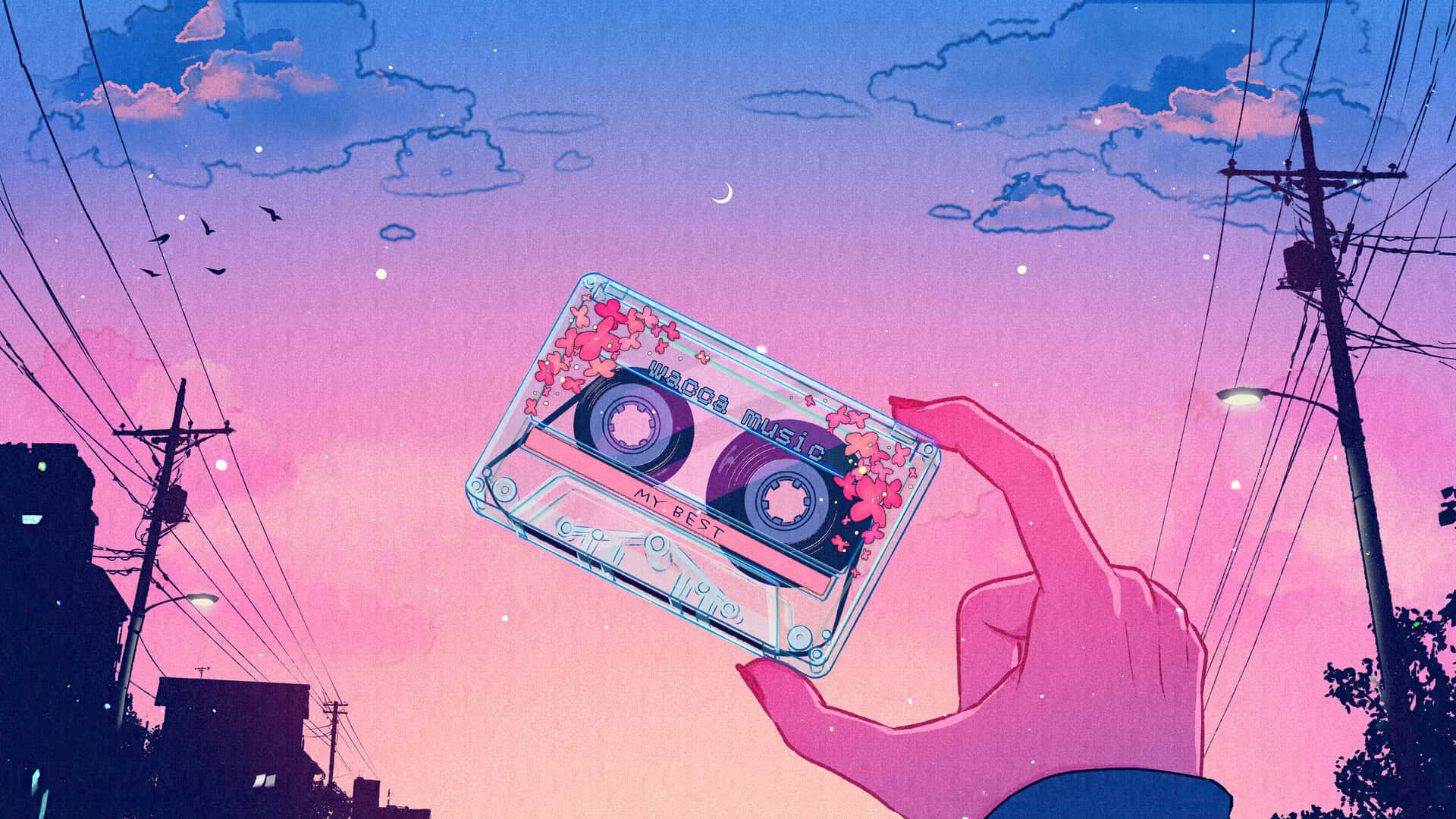 蒸氣波 桌布 壁紙 — 一隻手拿著花卉圖案卡式錄音帶，對著夢幻粉紫黃昏天空，有鳥和電線。
