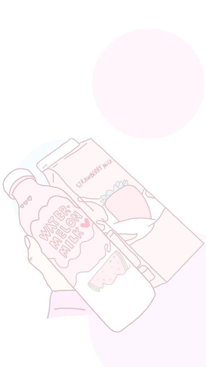 Strawberry Milk 桌布 壁紙 — 一隻手拿著西瓜牛奶瓶和草莓牛奶盒的極簡線條畫，背景為柔和粉紅色圓形。