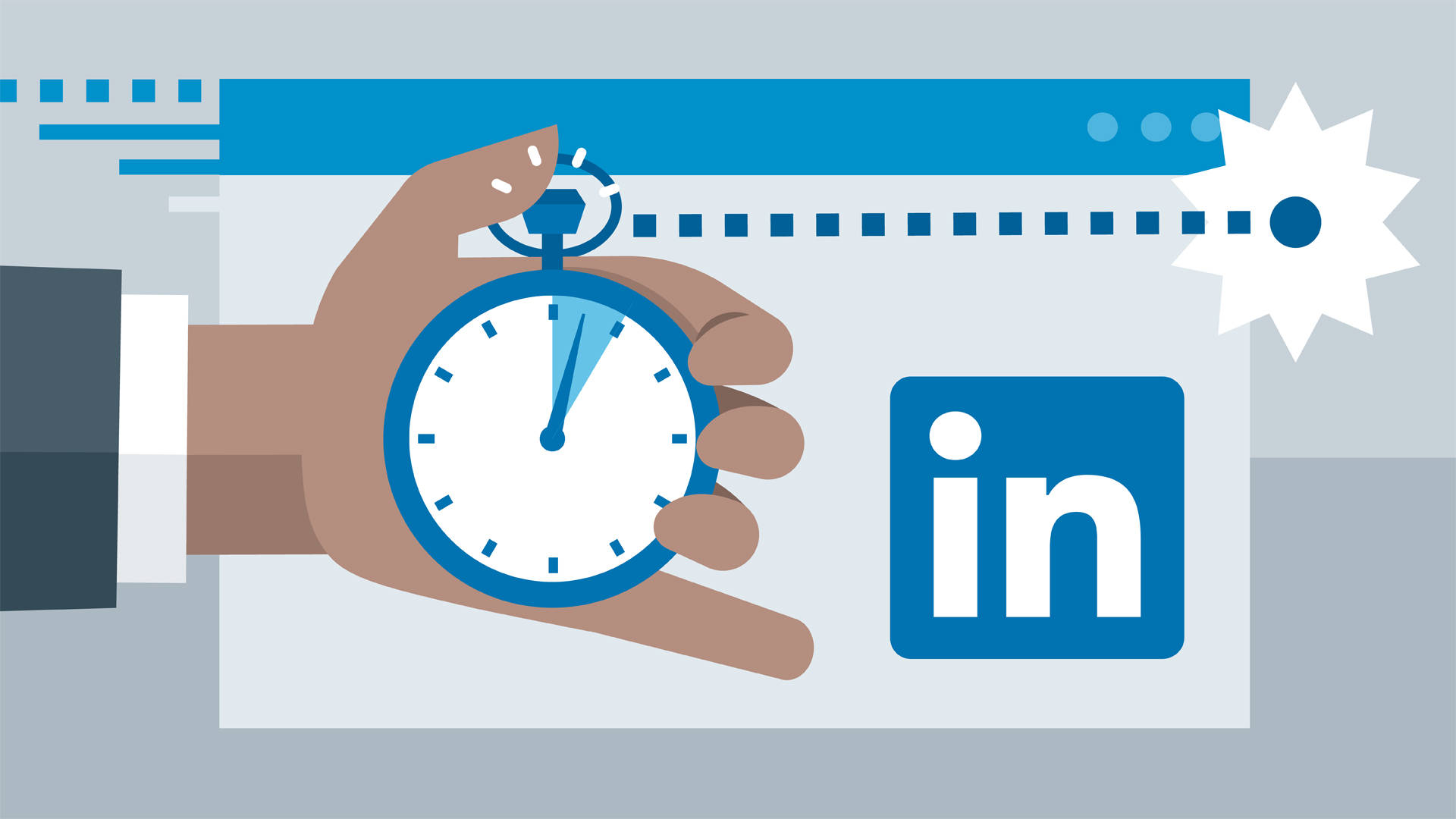 Linkedin 桌布 壁紙 — 一隻手拿著計時器，對著一個帶有LinkedIn標誌和星爆圖案的瀏覽器視窗。
