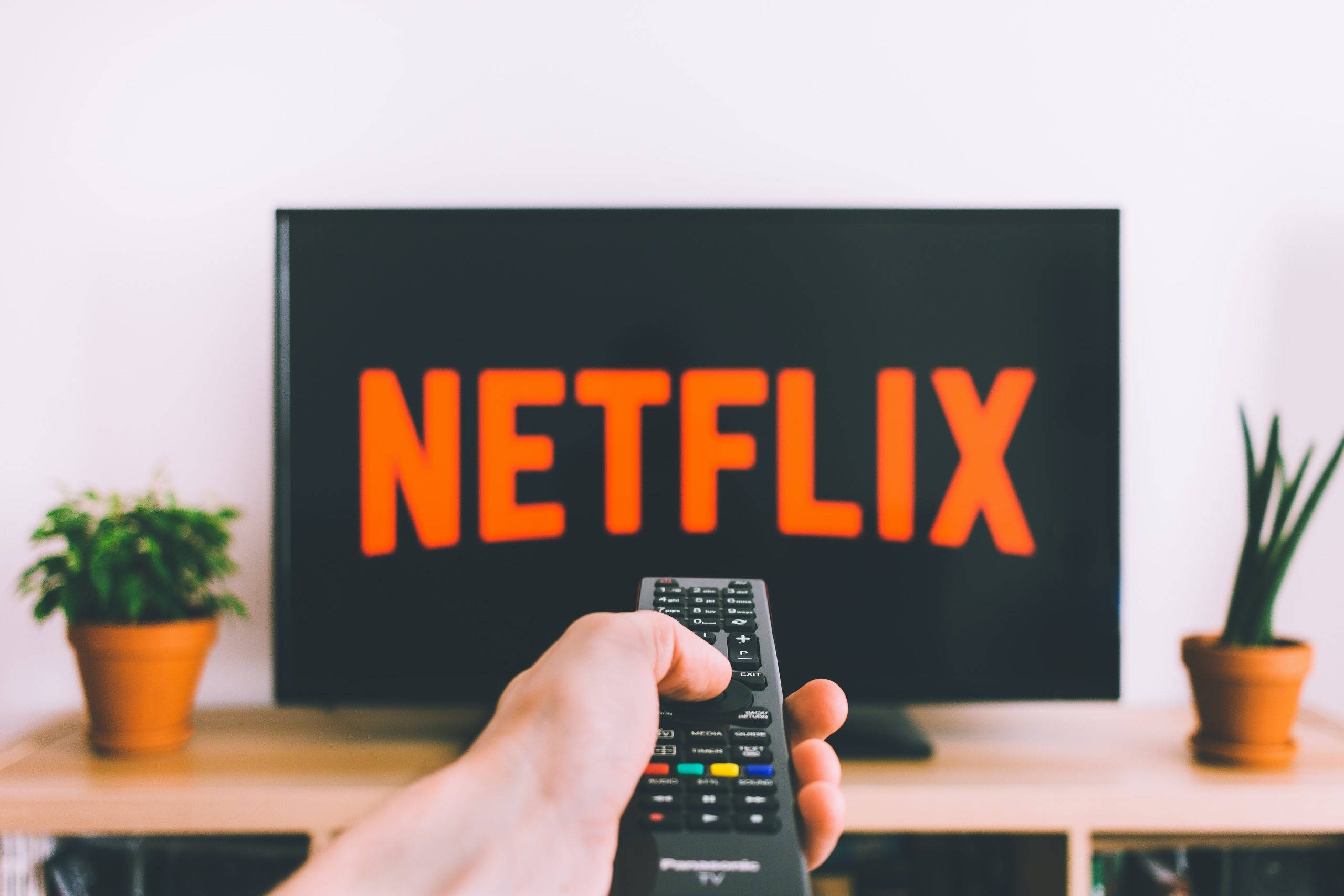 Netflix 桌布 壁紙 — 一隻手拿著遙控器對準電視，電視顯示亮橙色Netflix標誌，兩側有盆栽植物在木架上。