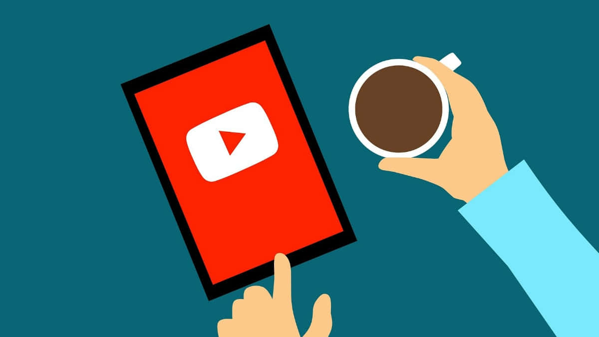 手拿帶有 YouTube 標誌的平板電腦和咖啡杯，背景為青綠色。 — 咖啡動圖 壁紙