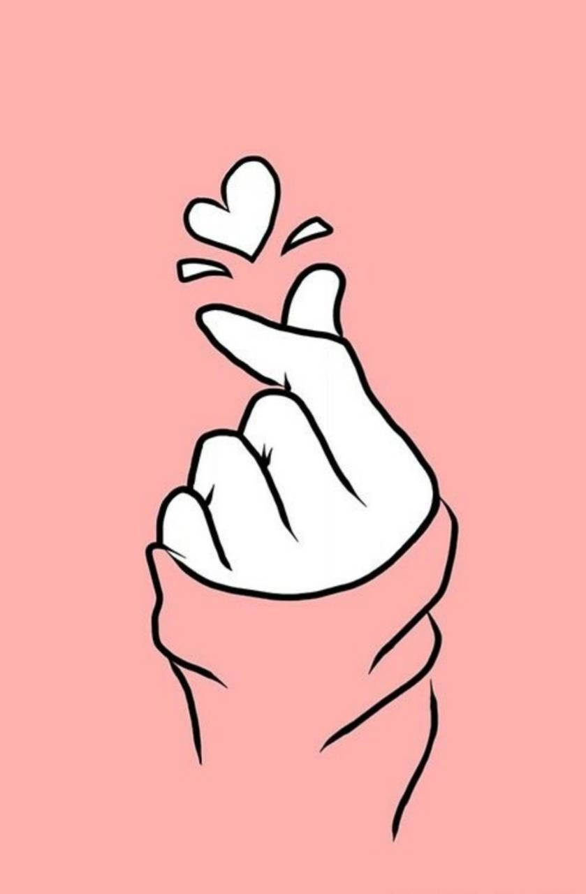 Peach Color Aesthetic 桌布 壁紙 — 一隻手指做出愛心手勢的極簡線條畫，背景為柔和粉紅色。