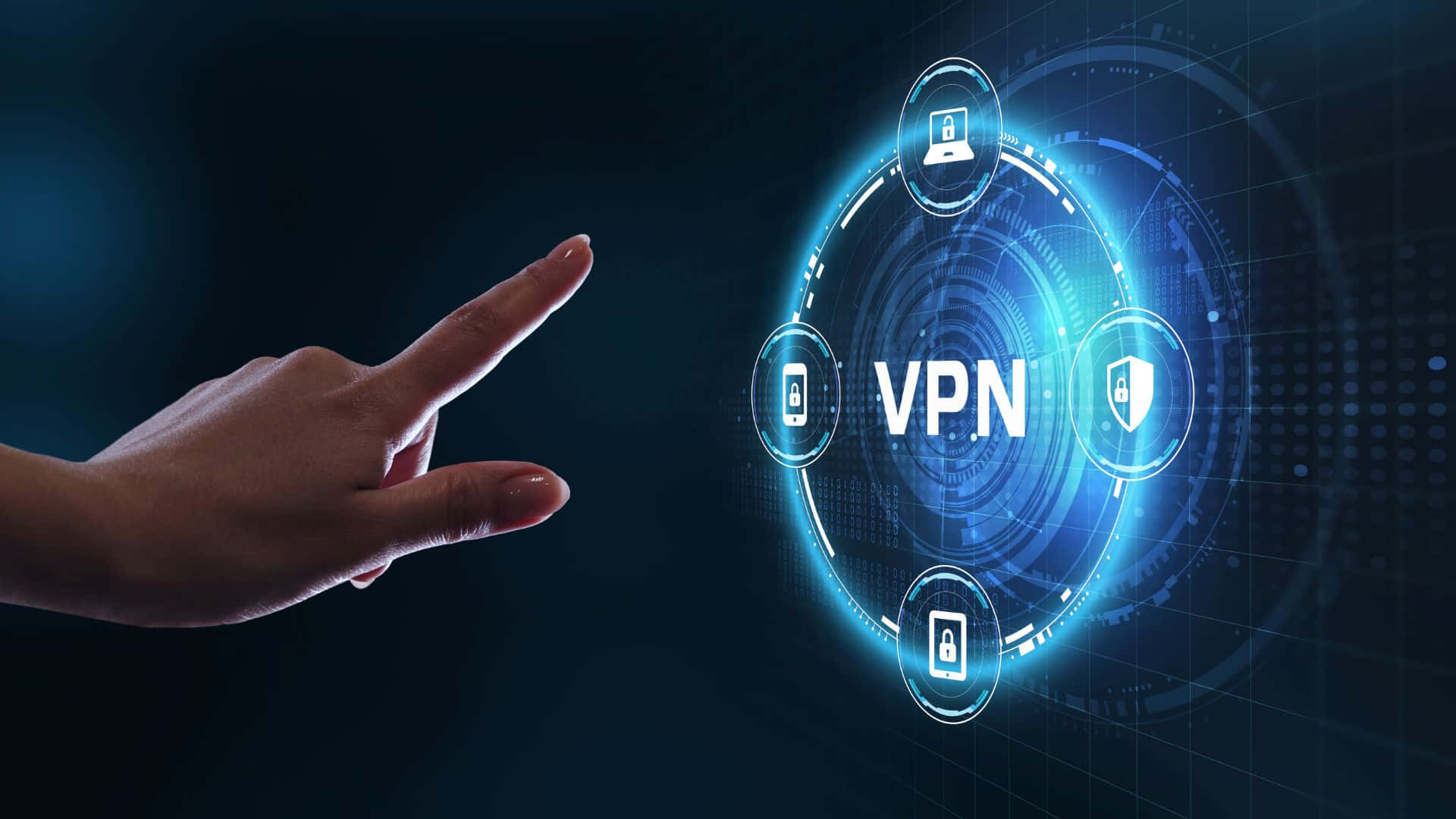 標誌 桌布 壁紙 — 一隻手指向發光藍色全息VPN介面，周圍有安全圖示漂浮在深色背景上。