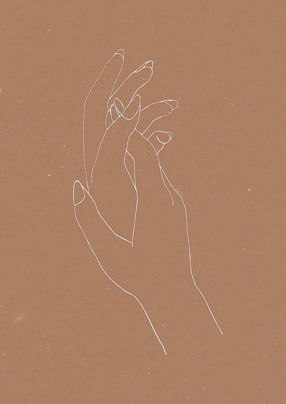 Brown Minimalist 桌布 壁紙 — 一隻手指輕輕彎曲的手的極簡白色線條畫，背景為有紋理的棕色。