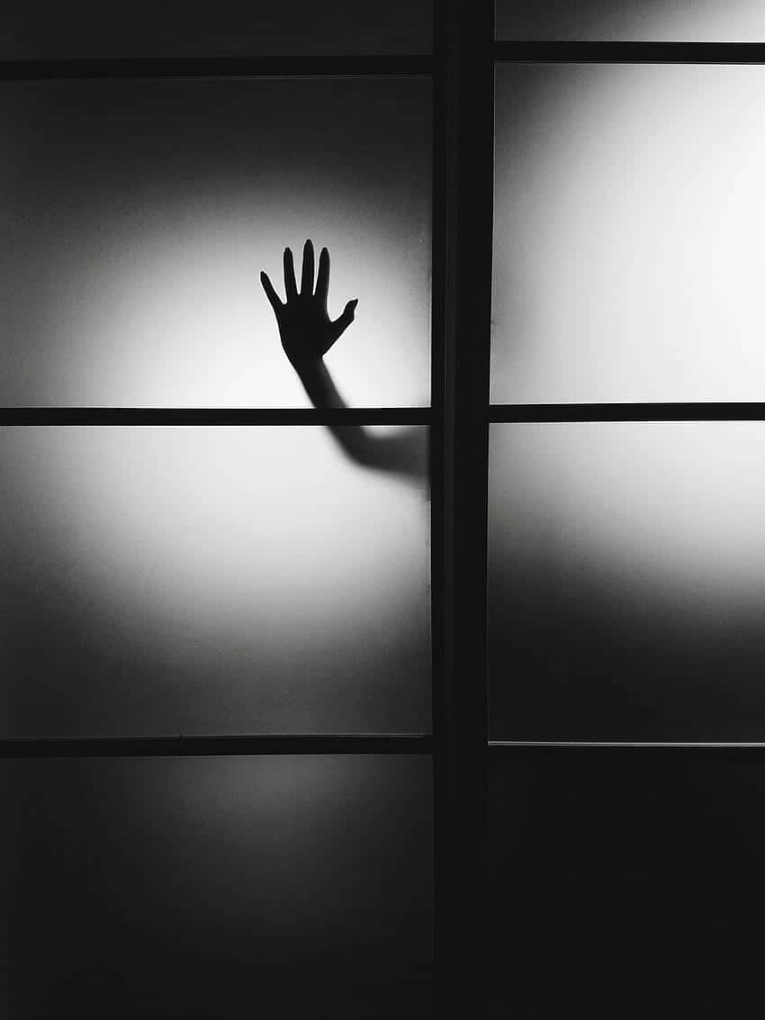 恐怖動圖 桌布 壁紙 — 一隻手按在鑲板玻璃窗上，在戲劇性的背光下形成鮮明的黑白剪影。