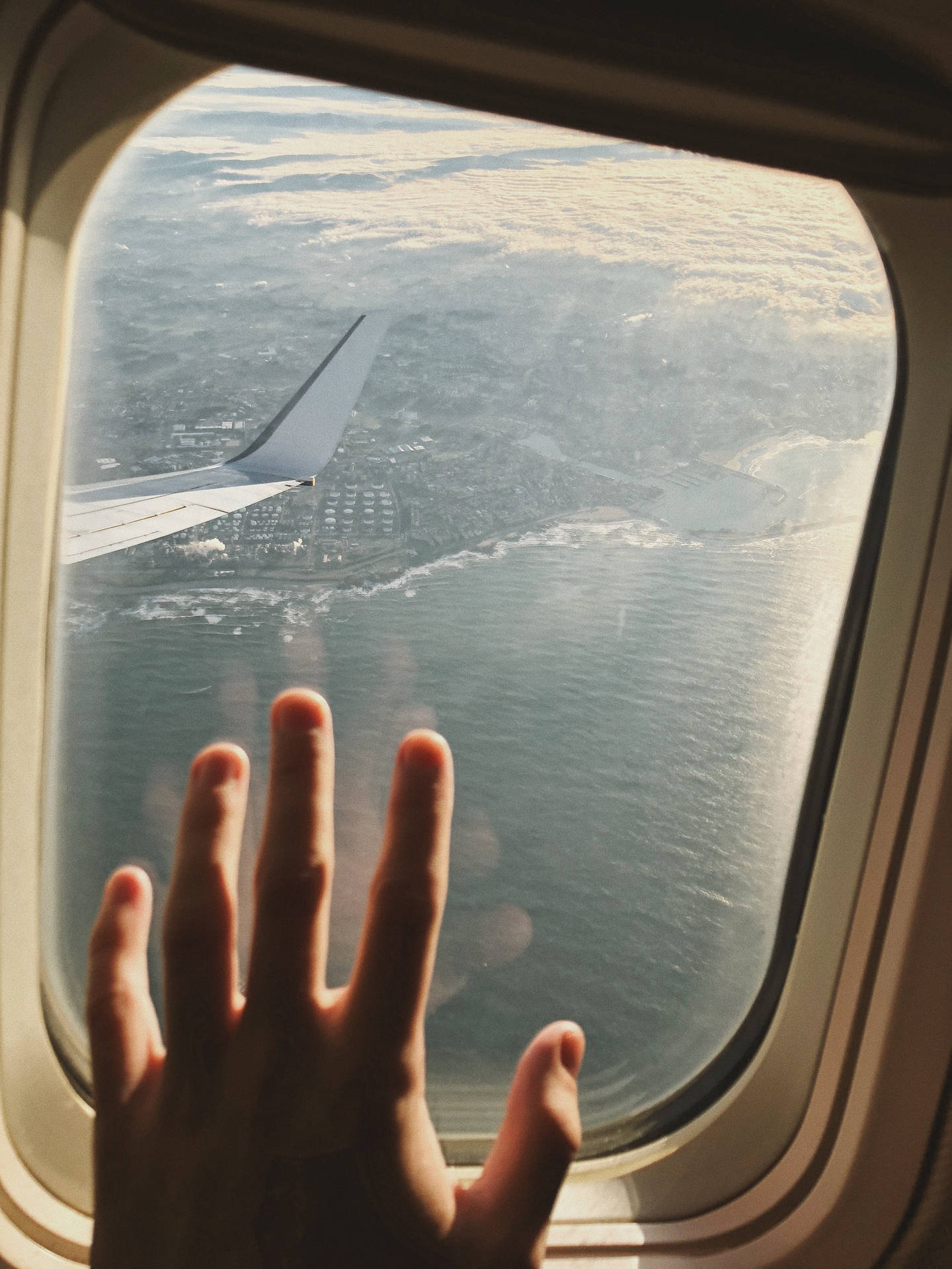  壁紙 — 一隻手按在飛機窗上，機翼延伸至沿海城市和下方的海洋。