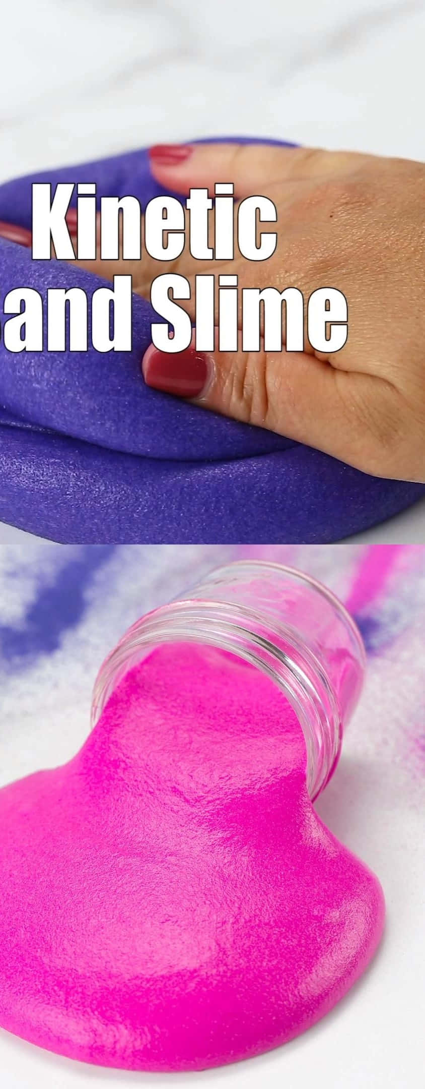 slime 桌布 壁紙 — 一隻手按壓入充滿活力的紫色動力沙中，而亮粉紅色亮片史萊姆從罐子裡溢出到白色表面上。