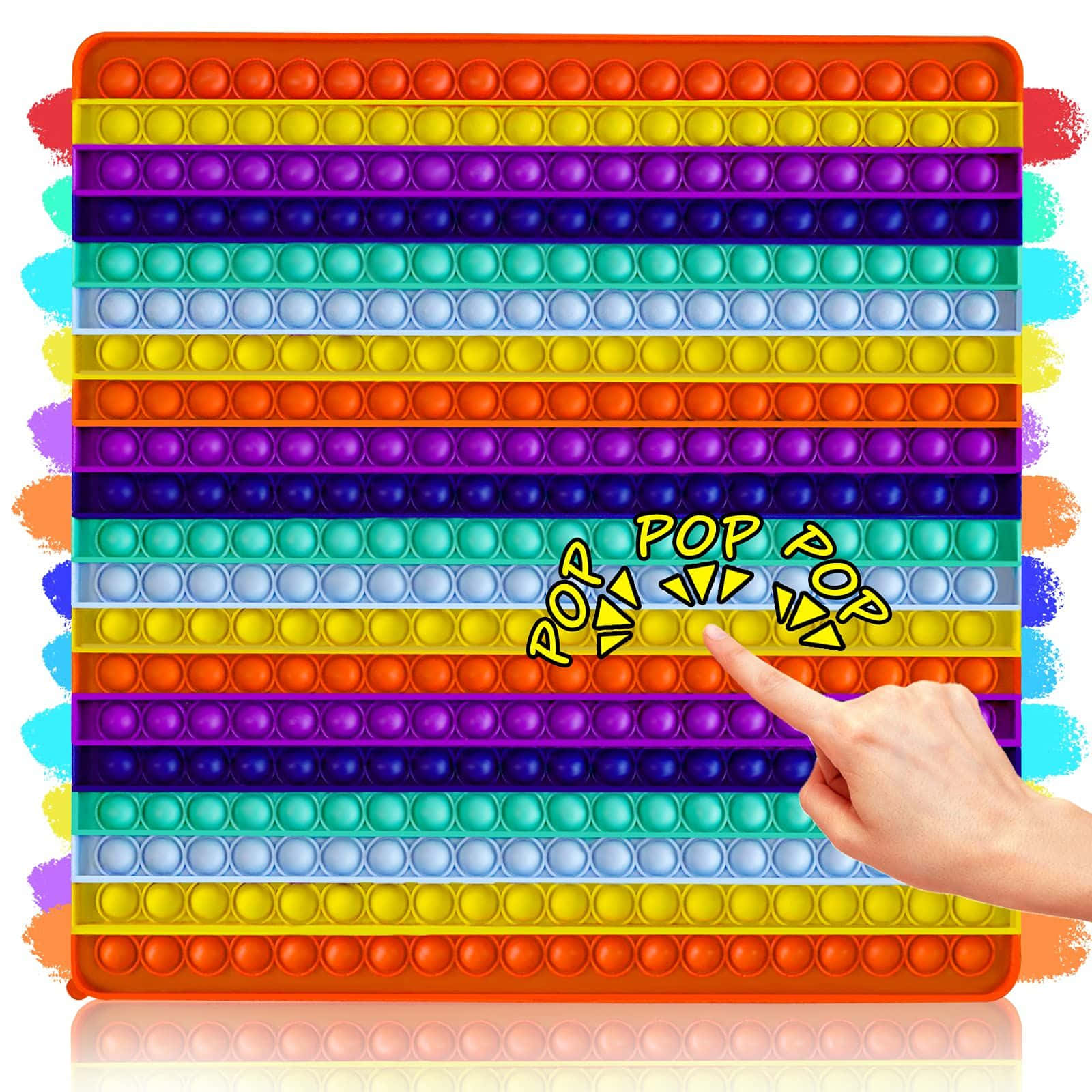 Popit 桌布 壁紙 — 一隻手按壓色彩繽紛的彩虹色按壓玩具，帶有鮮豔條紋和俏皮的POP文字。