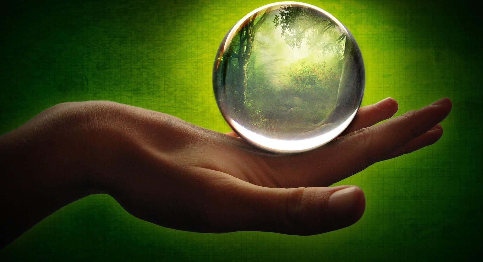 Crystal Ball 桌布 壁紙 — 一隻手捧著一個水晶球，在發光的綠色背景下顯現出陽光明媚的森林場景。