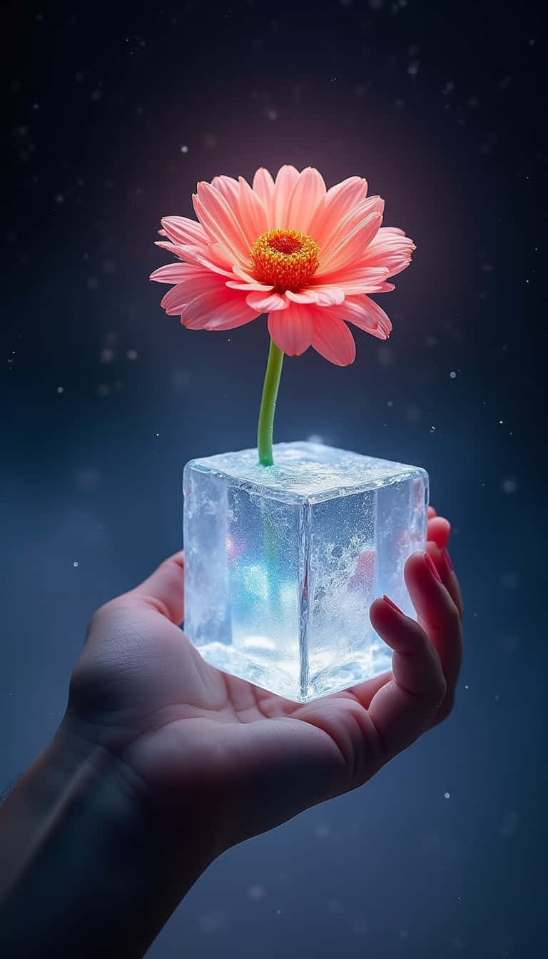 Flower 壁紙 — 一隻手捧著一個發光的冰塊，上面長出一朵充滿活力的粉紅色非洲菊雛菊，背景是繁星點點的深藍色。