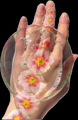 hand 桌布 壁紙 — 一隻手捧著一個透明泡泡，裡面裝滿了精緻的粉紅色和黃色花朵以及閃閃發光的水滴。