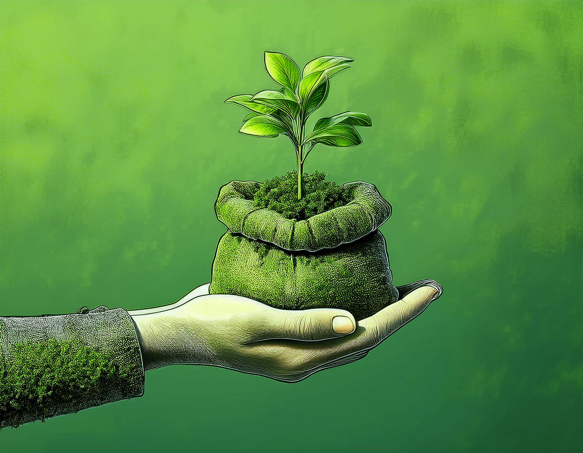 Seedling growing 壁紙 — 一隻手捧著一個長滿苔蘚的麻袋，袋中長出一株充滿活力的綠色植物，背景是綠色漸變。