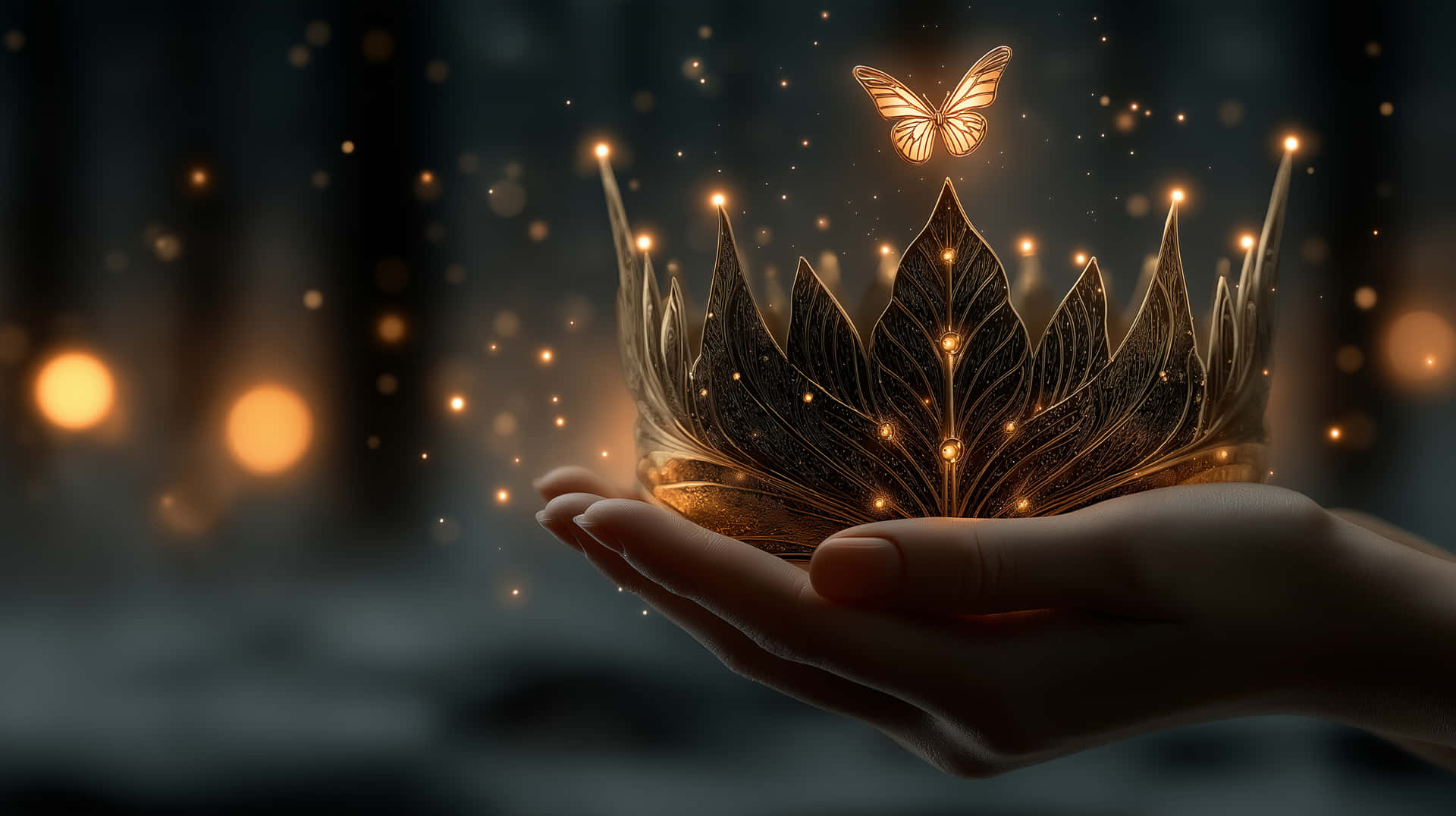 Luminous Lotus Crown and Butterfly Resting in Hands 壁紙 — 一隻手捧著一頂帶有葉狀尖刺的發光金色皇冠，一隻蝴蝶在飄浮的光芒中盤旋於皇冠之上。