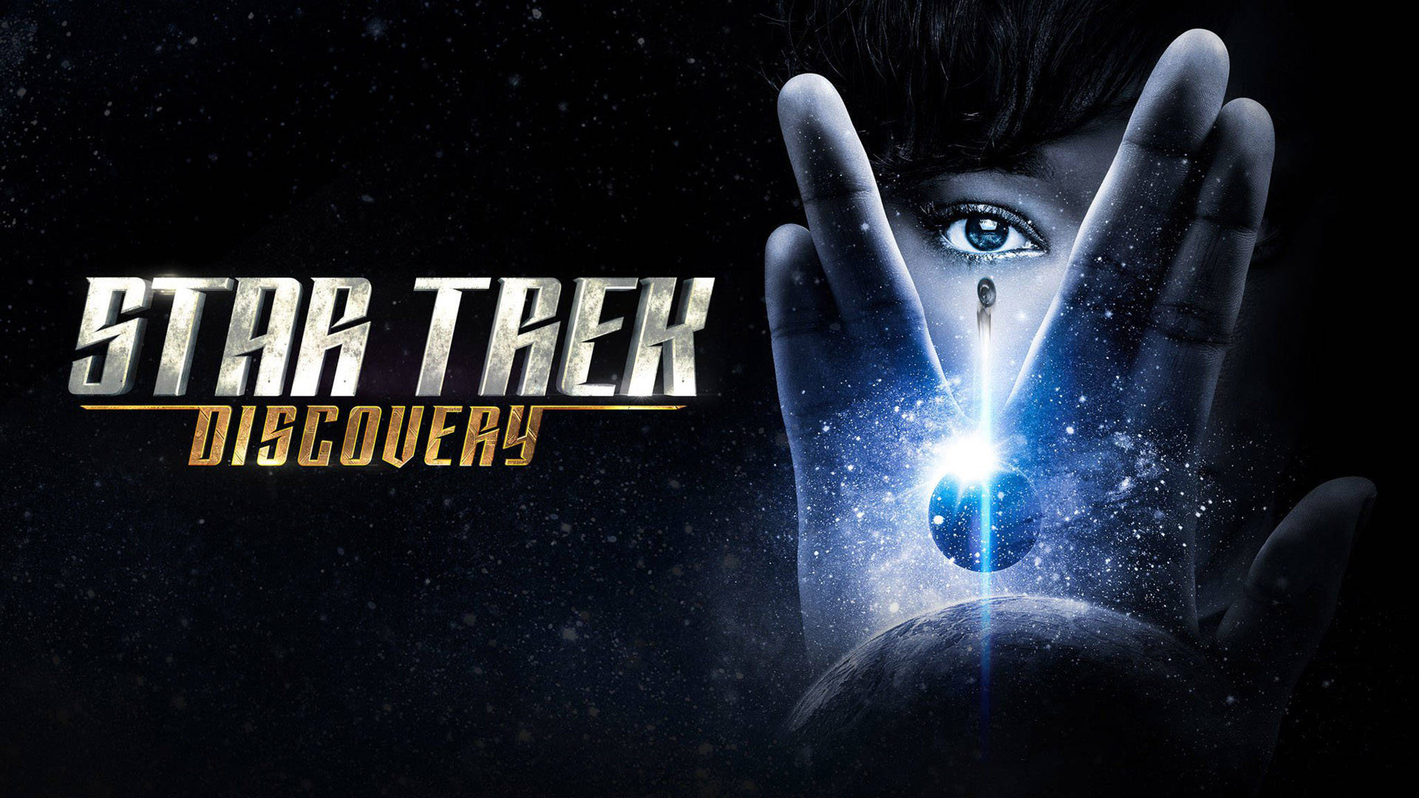 Discovery 桌布 壁紙 — 一隻手捧著一顆發光的藍色星球，背景是星空，並帶有《星際爭霸戰：發現號》標題。