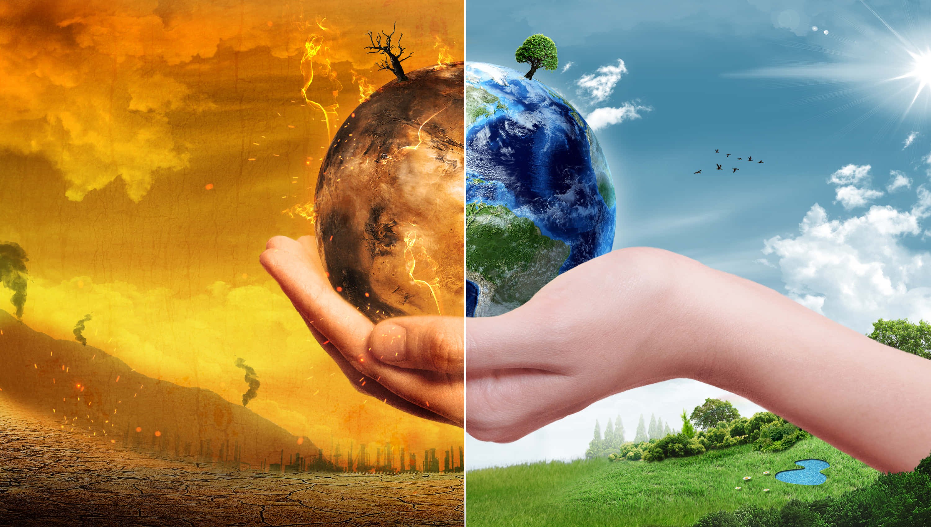 Global Warming 桌布 壁紙 — 一隻手捧著燃燒的地球，旁邊另一隻手捧著在明亮藍天下翠綠的地球。
