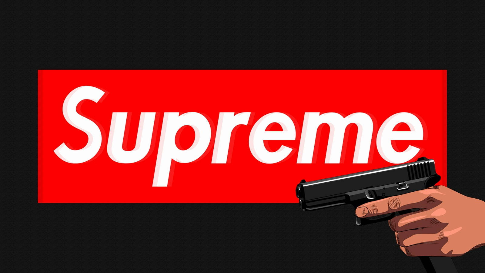 supreme 桌布 壁紙 — 一隻手握住一把黑色手槍，指向黑色背景上醒目的紅色Supreme標誌。
