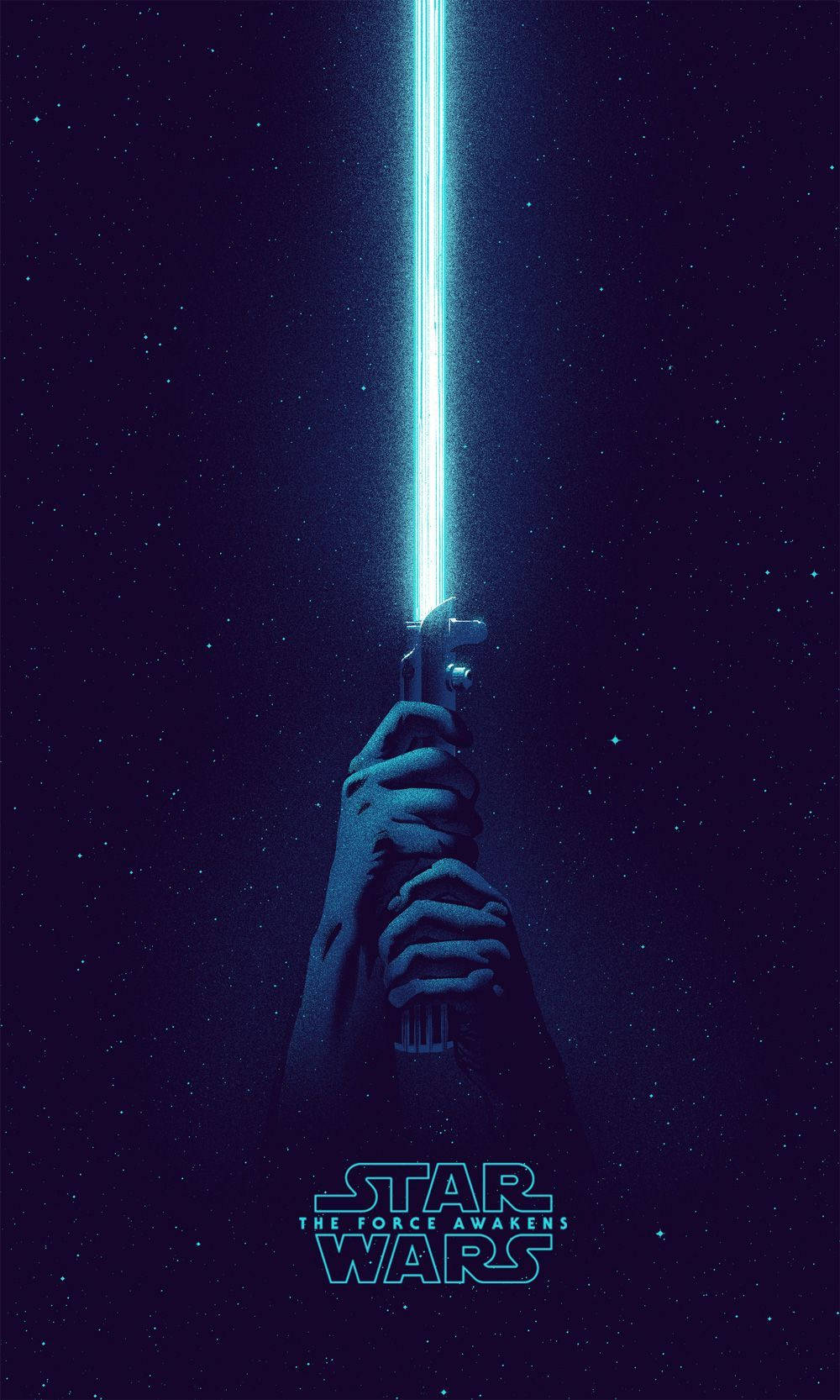 star wars iPhone 6 plus 桌布 壁紙 — 一隻手握住發光的藍色光劍，背景是星空宇宙，底部有星際大戰標誌。