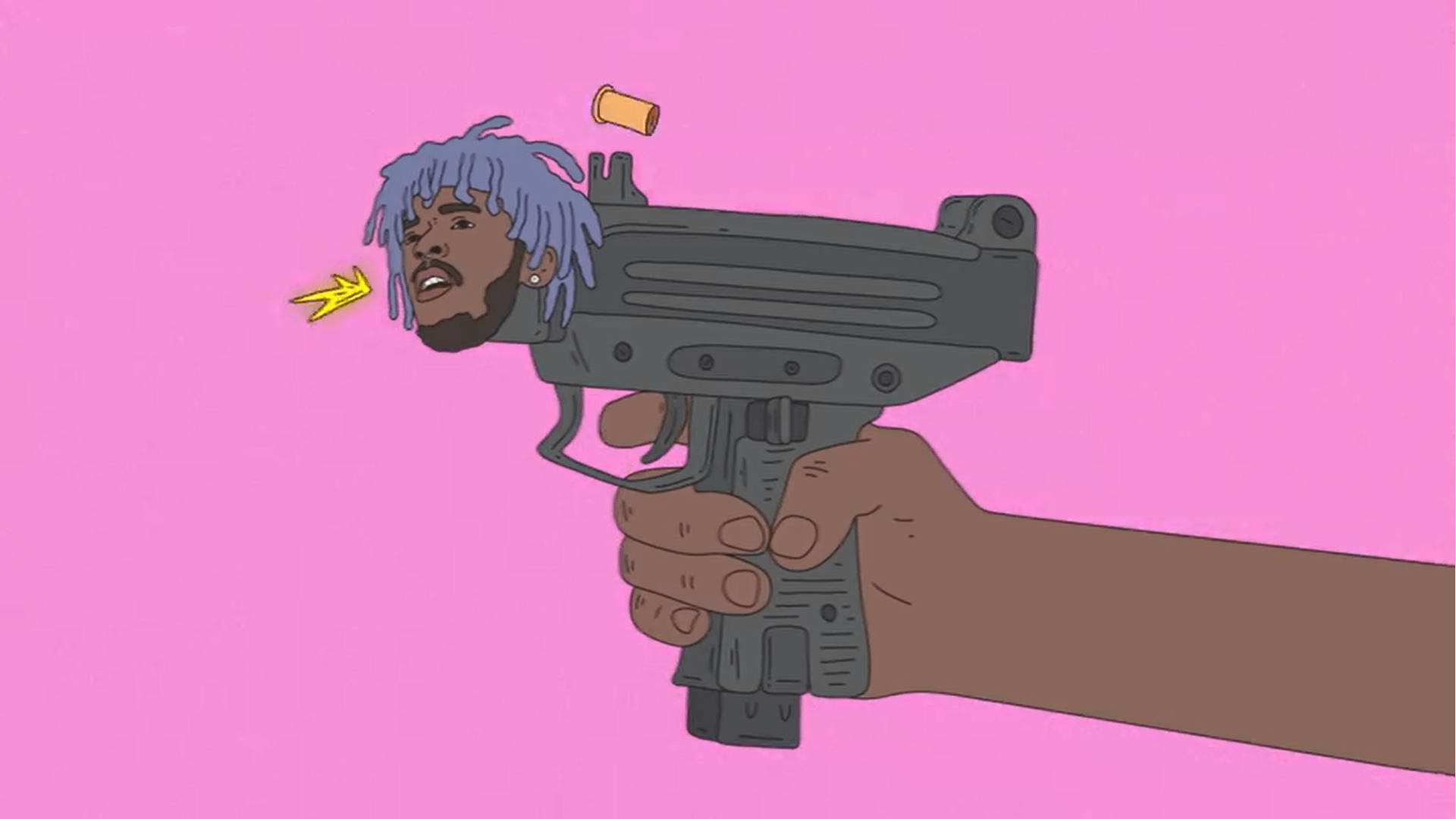 Uzi 桌布 壁紙 — 一隻手握著槍，槍管中冒出一個男人的頭，背景為純粉色。