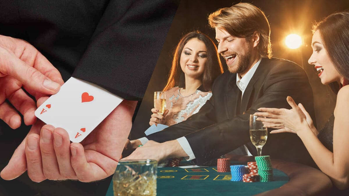 Playing Cards 桌布 壁紙 — 一隻手揭開紅心A，三位衣著優雅的人在賭桌旁笑著用香檳祝酒。
