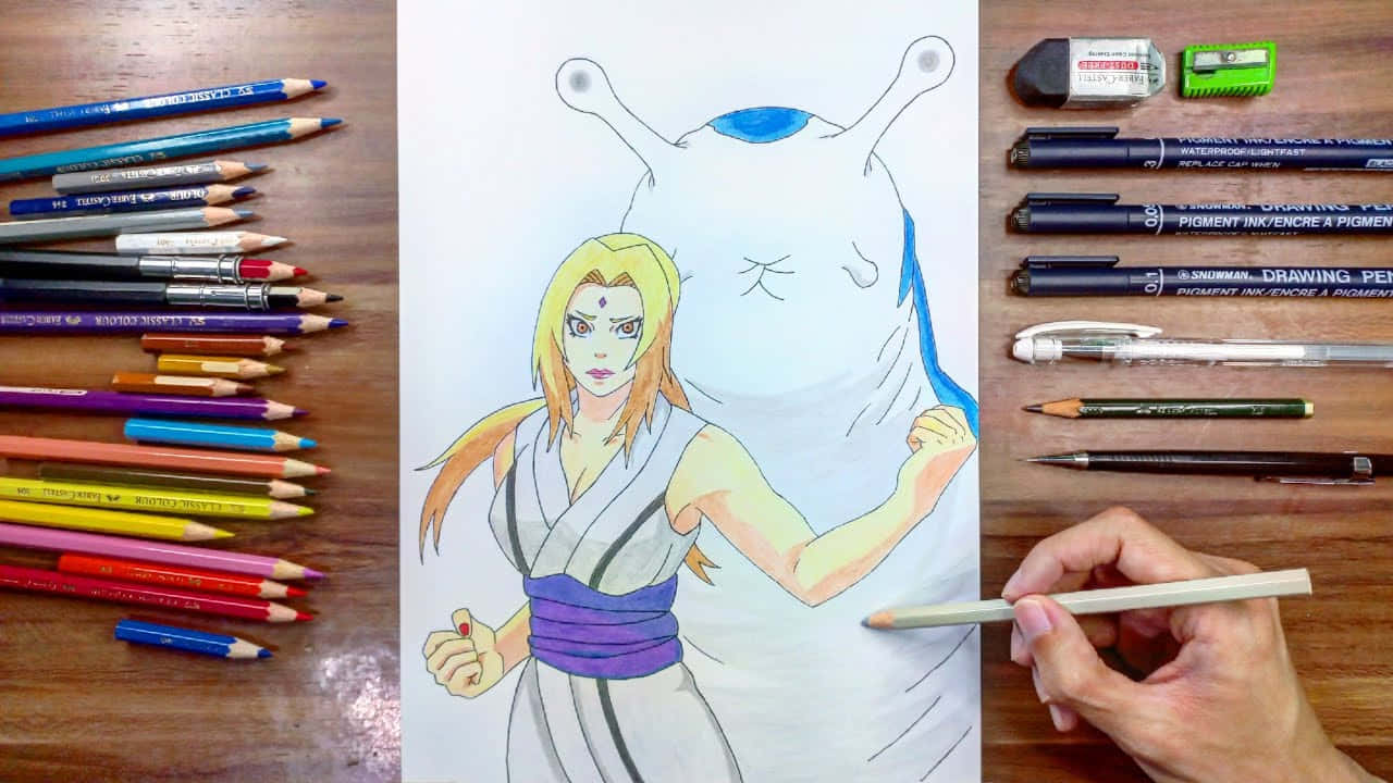 Katsuyu 桌布 壁紙 — 一隻手正在為一幅動漫風格的畫作上色，畫中有一位金髮女郎和一個帶藍色調的巨型生物，畫作放在一個周圍擺滿美術用品的木桌上。