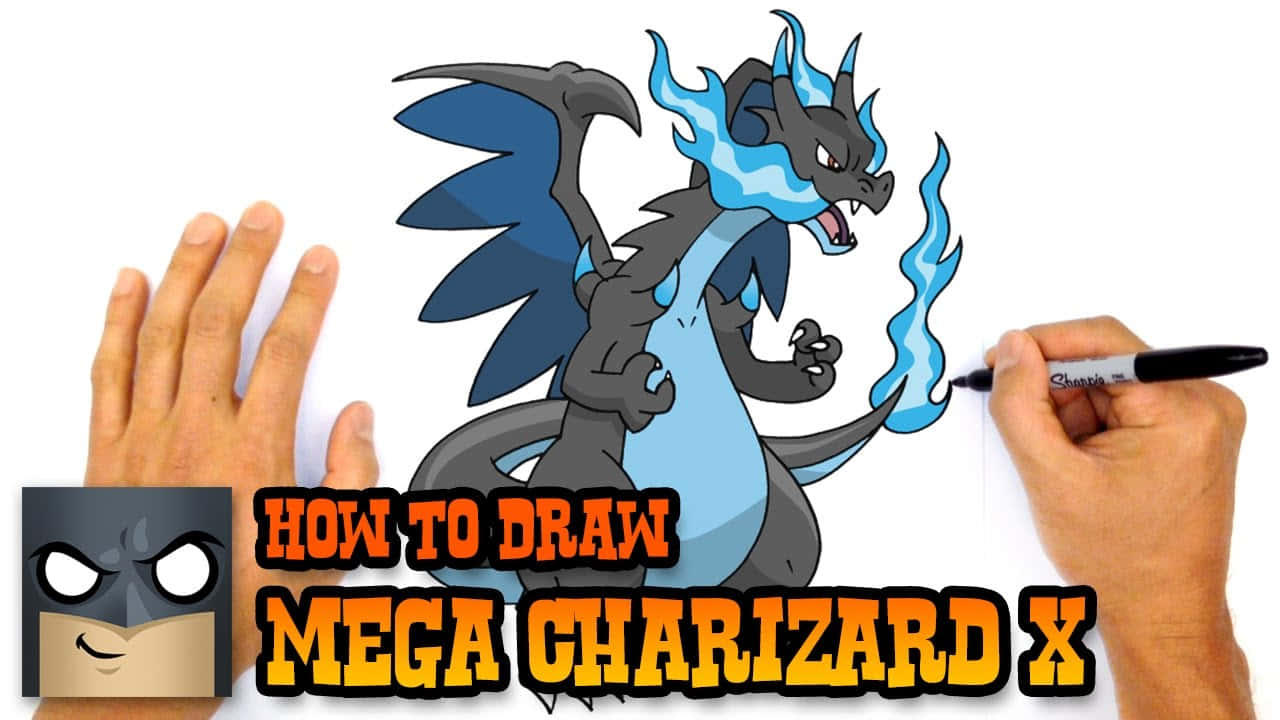 Charizard Pokemon 桌布 壁紙 — 一隻手正在繪畫藍黑色的超級噴火龍X，帶有火焰，而文字說明如何繪畫。