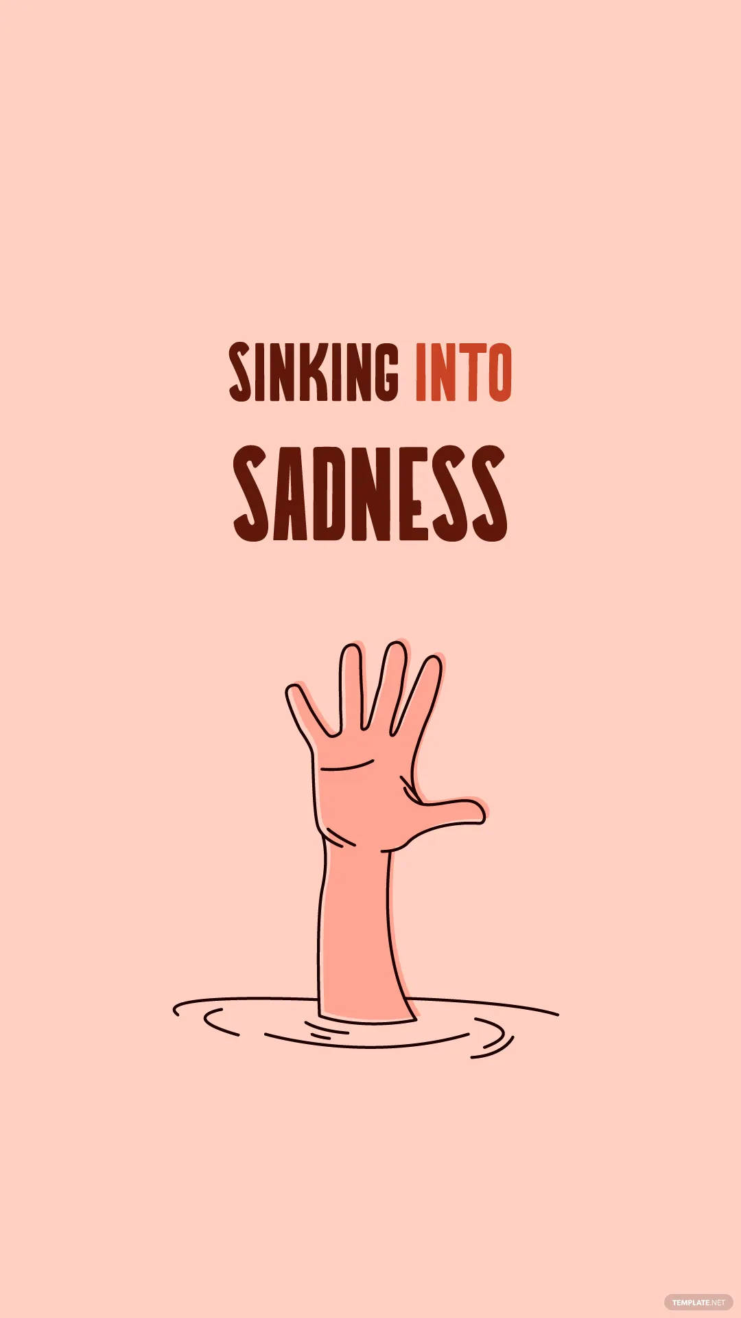 sad iPhone 桌布 壁紙 — 一隻手沉入水中的極簡線條畫，配上文字「sinking into sadness」，背景為柔和粉紅色。