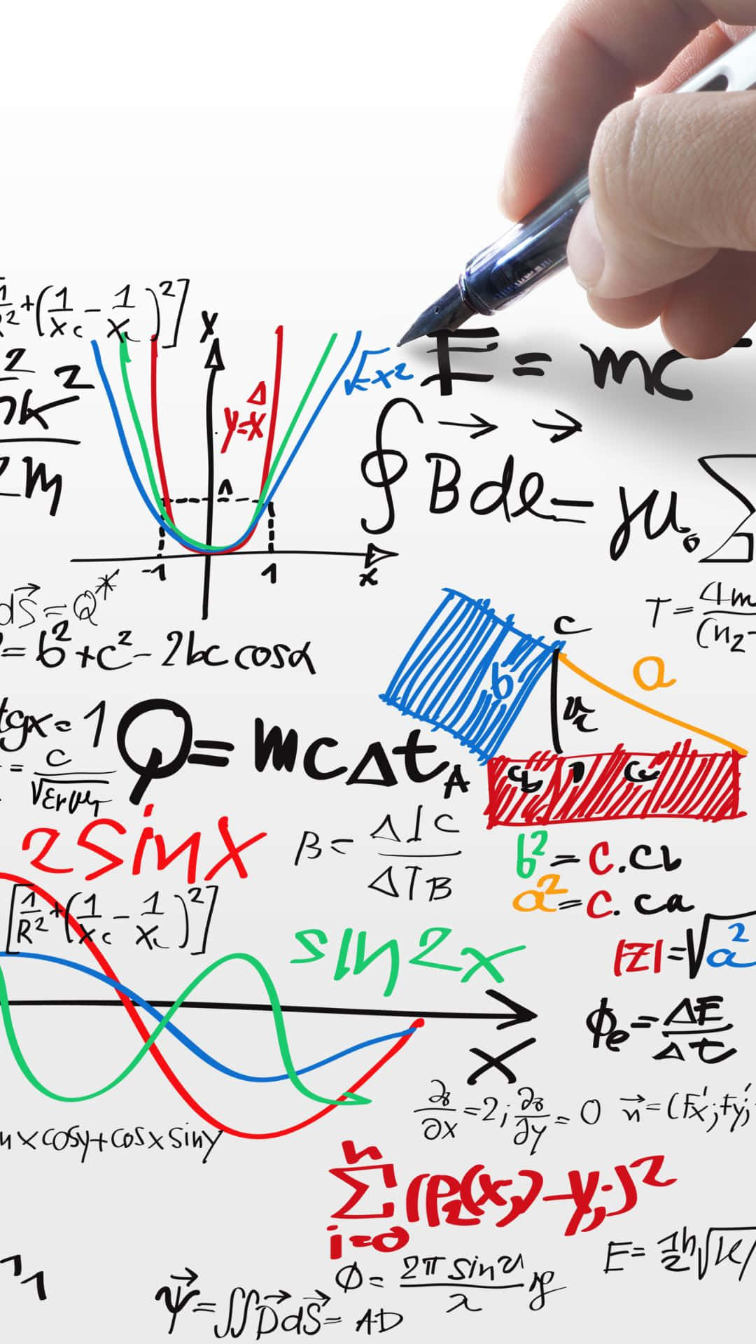 Physics 桌布 壁紙 — 一隻手用彩色墨水在充滿數學公式的白板上書寫物理方程式和圖表。