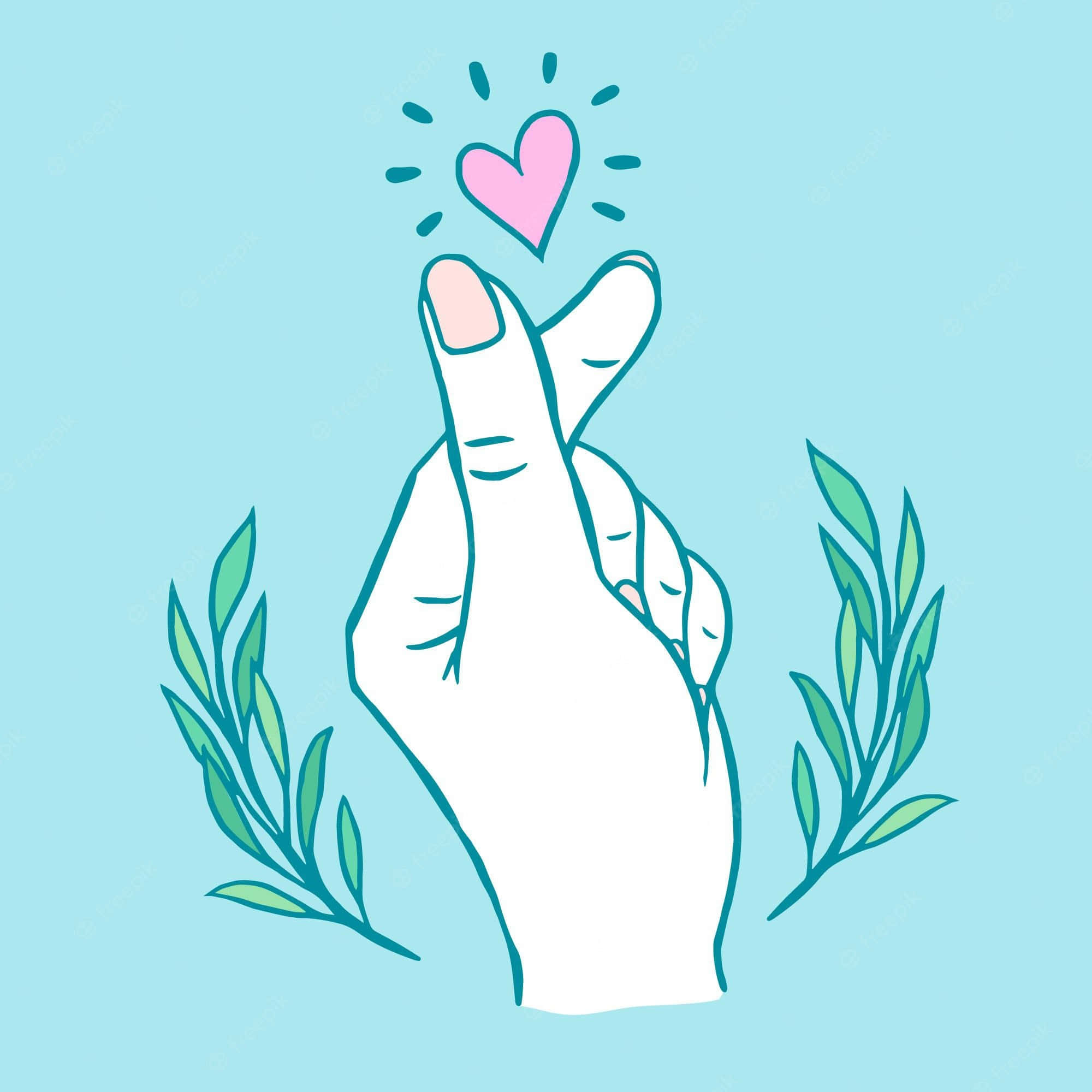 Finger Heart 桌布 壁紙 — 一隻手用手指做出心形手勢，一個發光的粉紅色心形漂浮在上方，背景是柔和的藍色，周圍有綠色樹葉。
