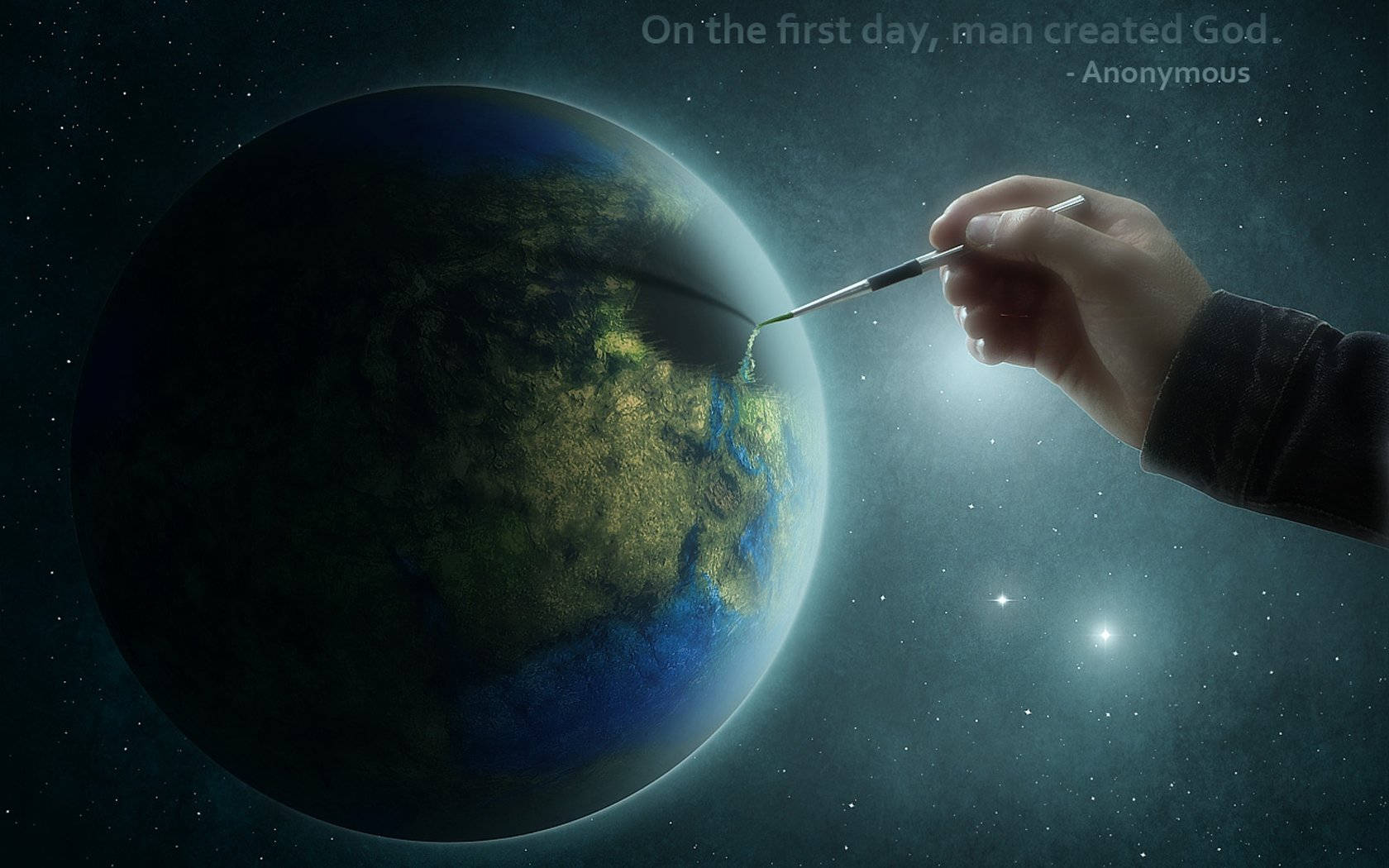 宗教動圖 桌布 壁紙 — 一隻手用畫筆在繁星點點的宇宙背景下繪畫地球，並附有引文。