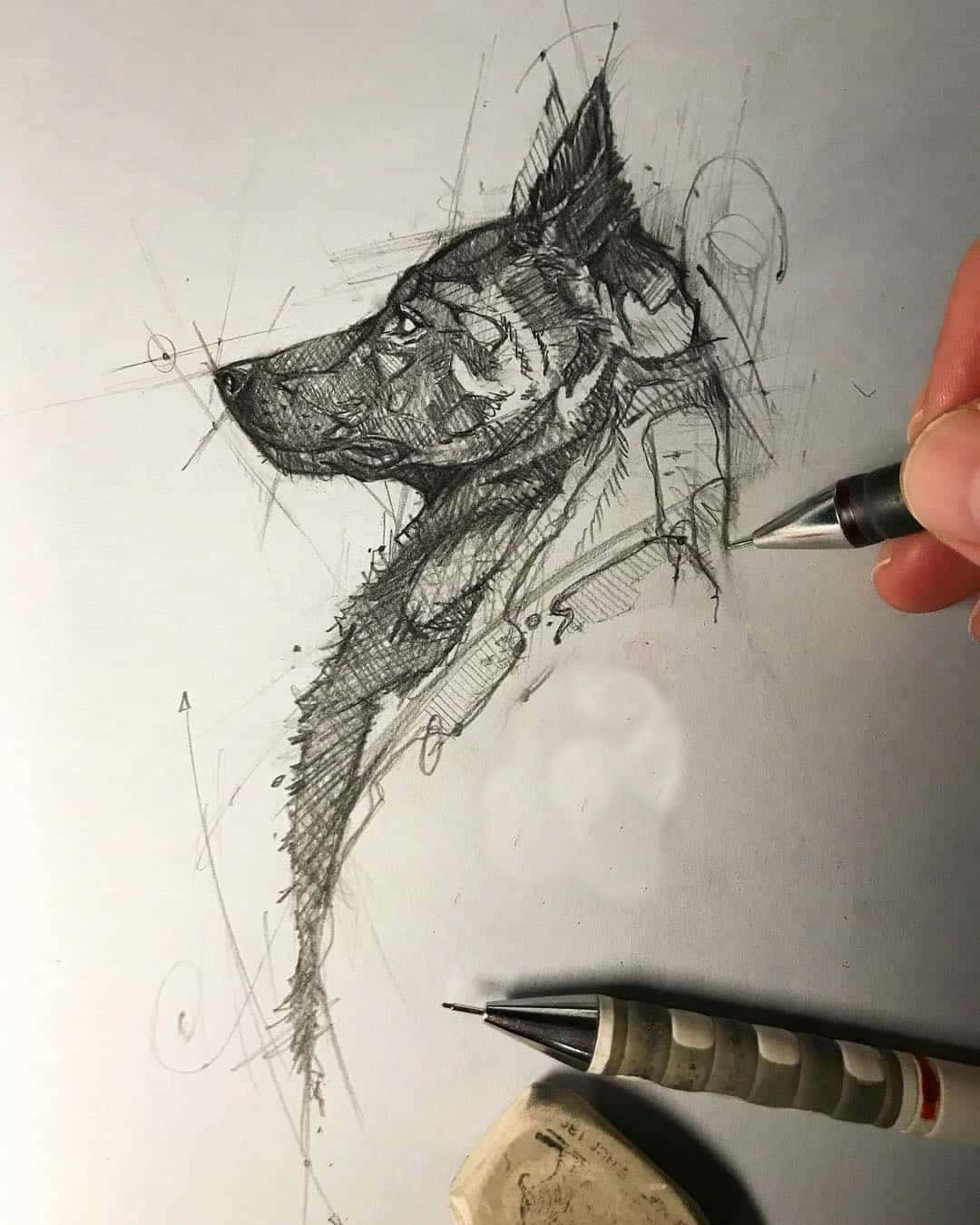 Sketch Art 桌布 壁紙 — 一隻手用筆在紙上素描一個詳細的狗肖像，周圍是藝術工具。