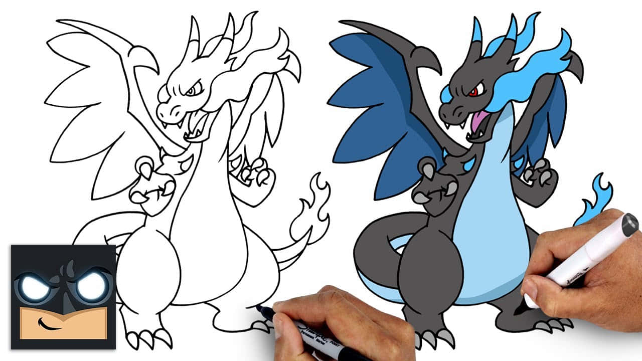 Charizard Pokemon 桌布 壁紙 — 一隻手用藍色和灰色麥克筆為黑白噴火龍圖畫上色，旁邊是完成後的鮮豔版本。