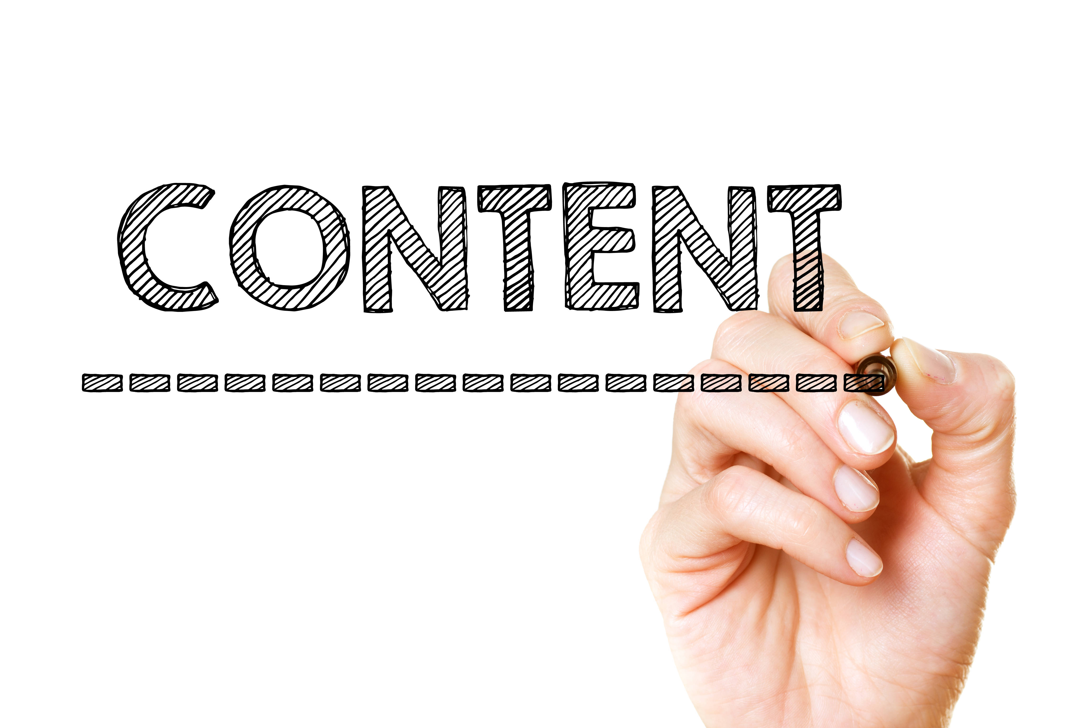 Content 桌布 壁紙 — 一隻手用馬克筆在乾淨的白色背景上以粗體素描風格繪製「CONTENT」一詞。